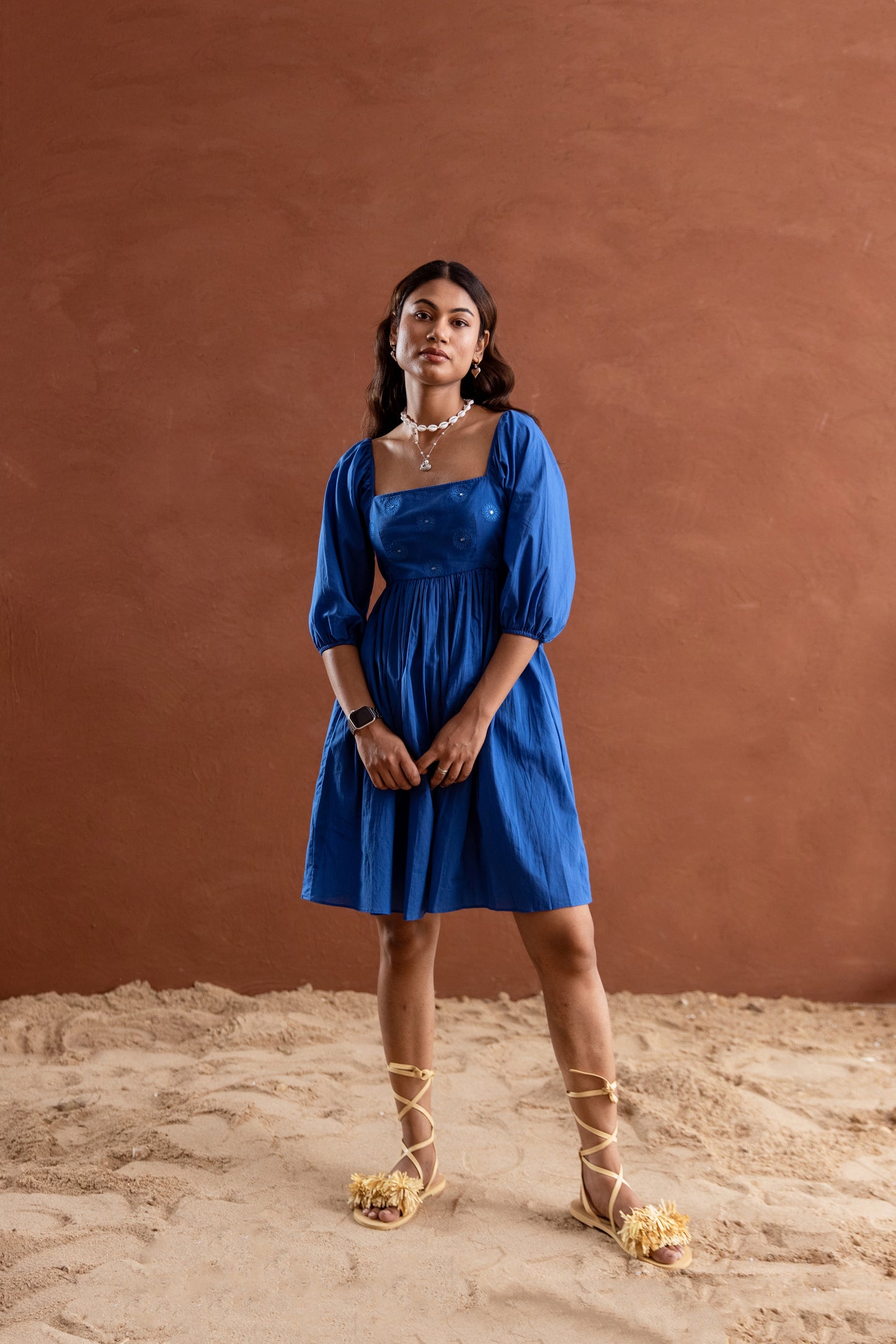 Solid Blue Sleeved Square Neck Short Dress