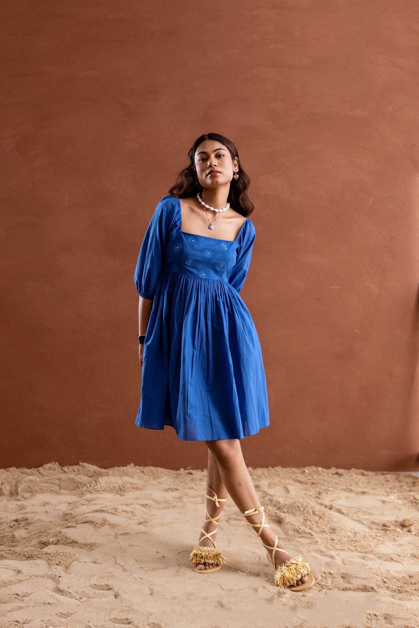 Solid Blue Sleeved Square Neck Short Dress