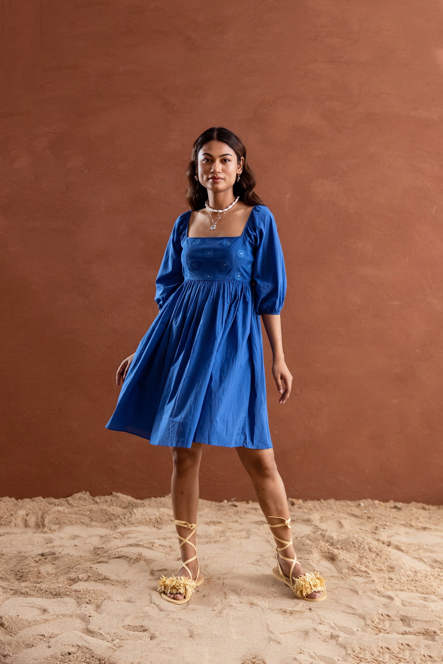 Solid Blue Sleeved Square Neck Short Dress