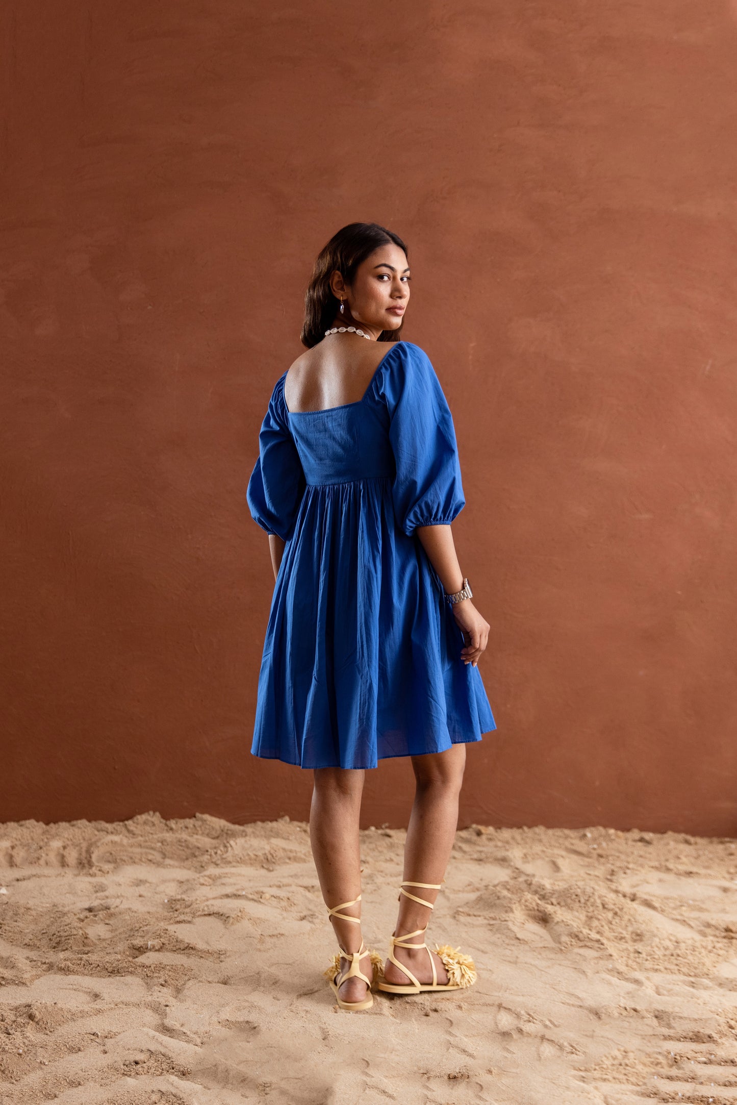 Solid Blue Sleeved Square Neck Short Dress