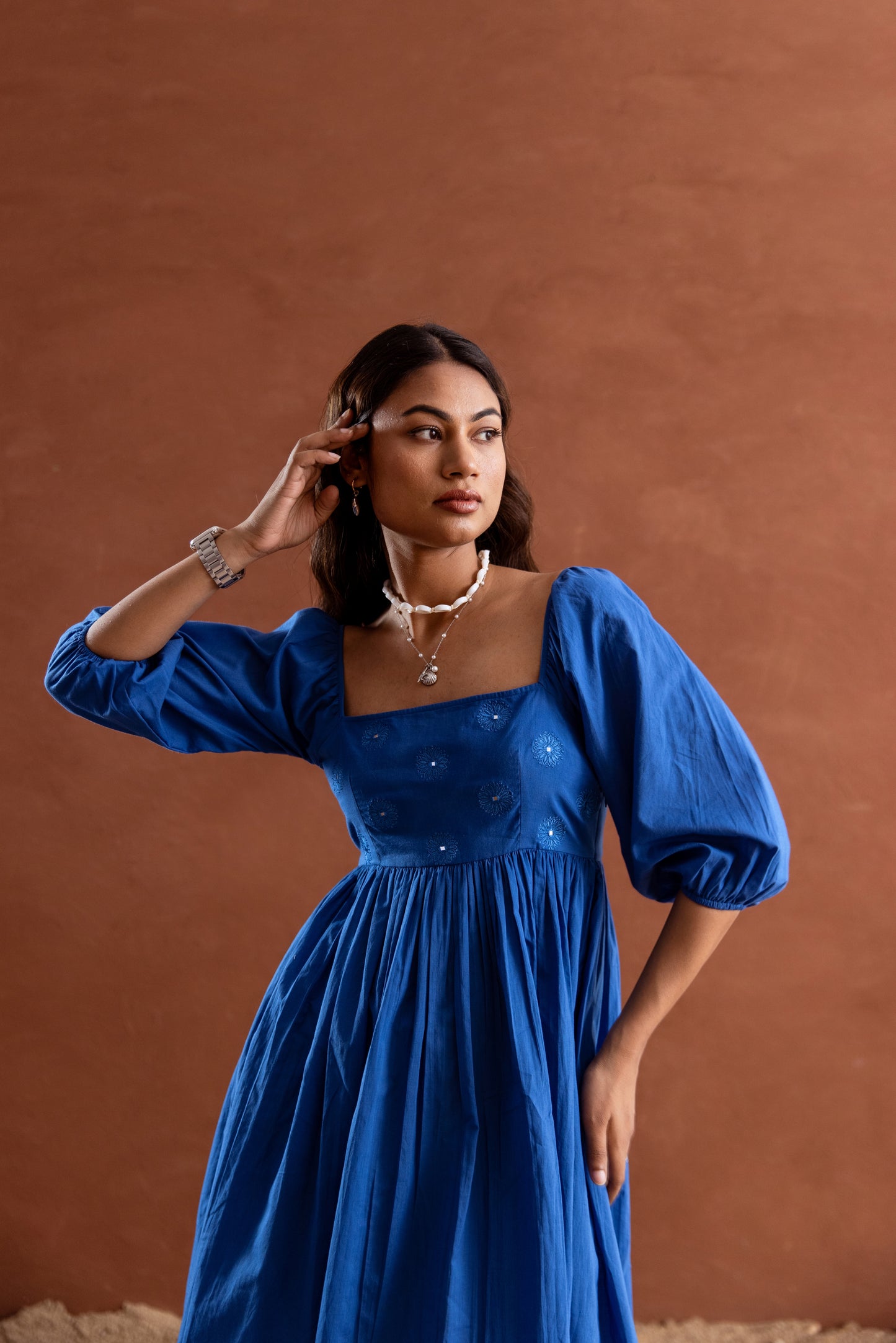 Solid Blue Sleeved Square Neck Short Dress