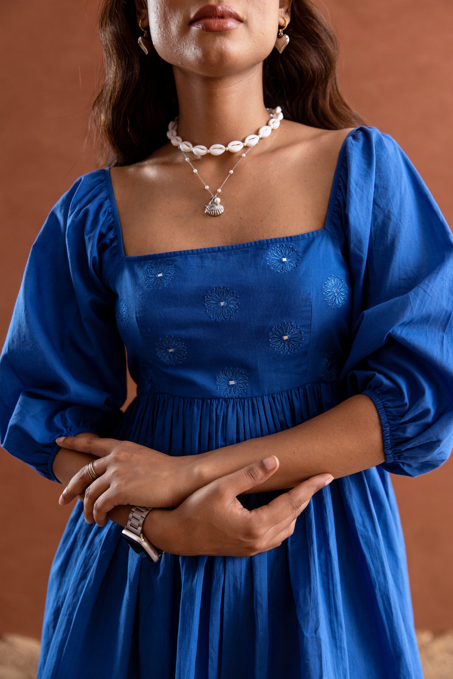 Solid Blue Sleeved Square Neck Short Dress