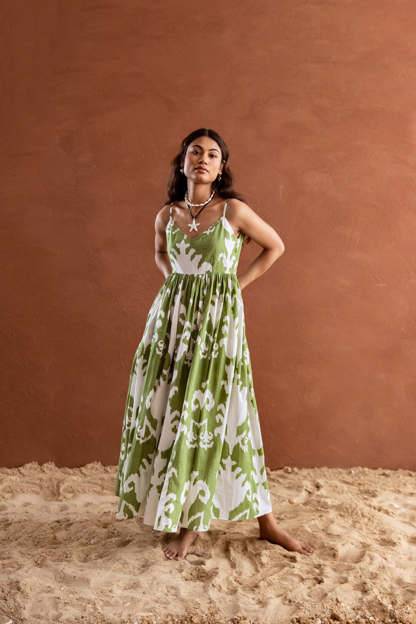 Green and White Patterned Strappy Maxi Dress