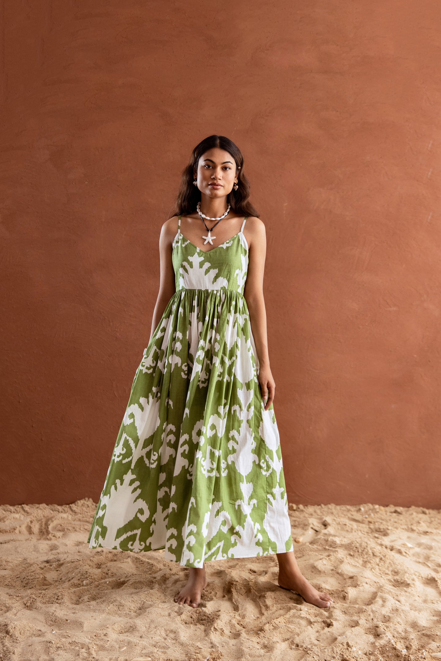 Green and White Patterned Strappy Maxi Dress