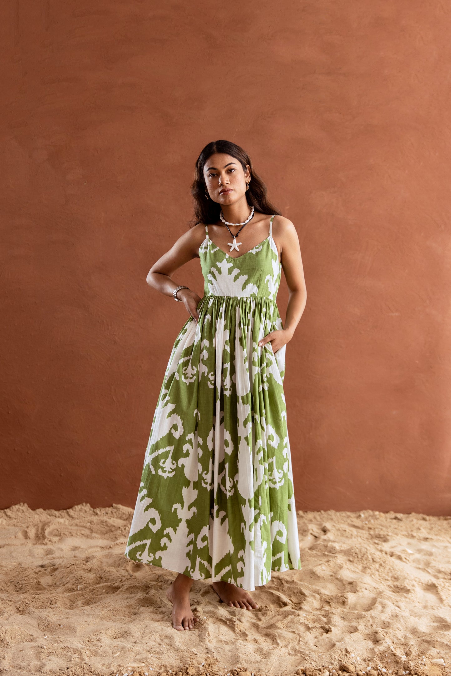 Green and White Patterned Strappy Maxi Dress