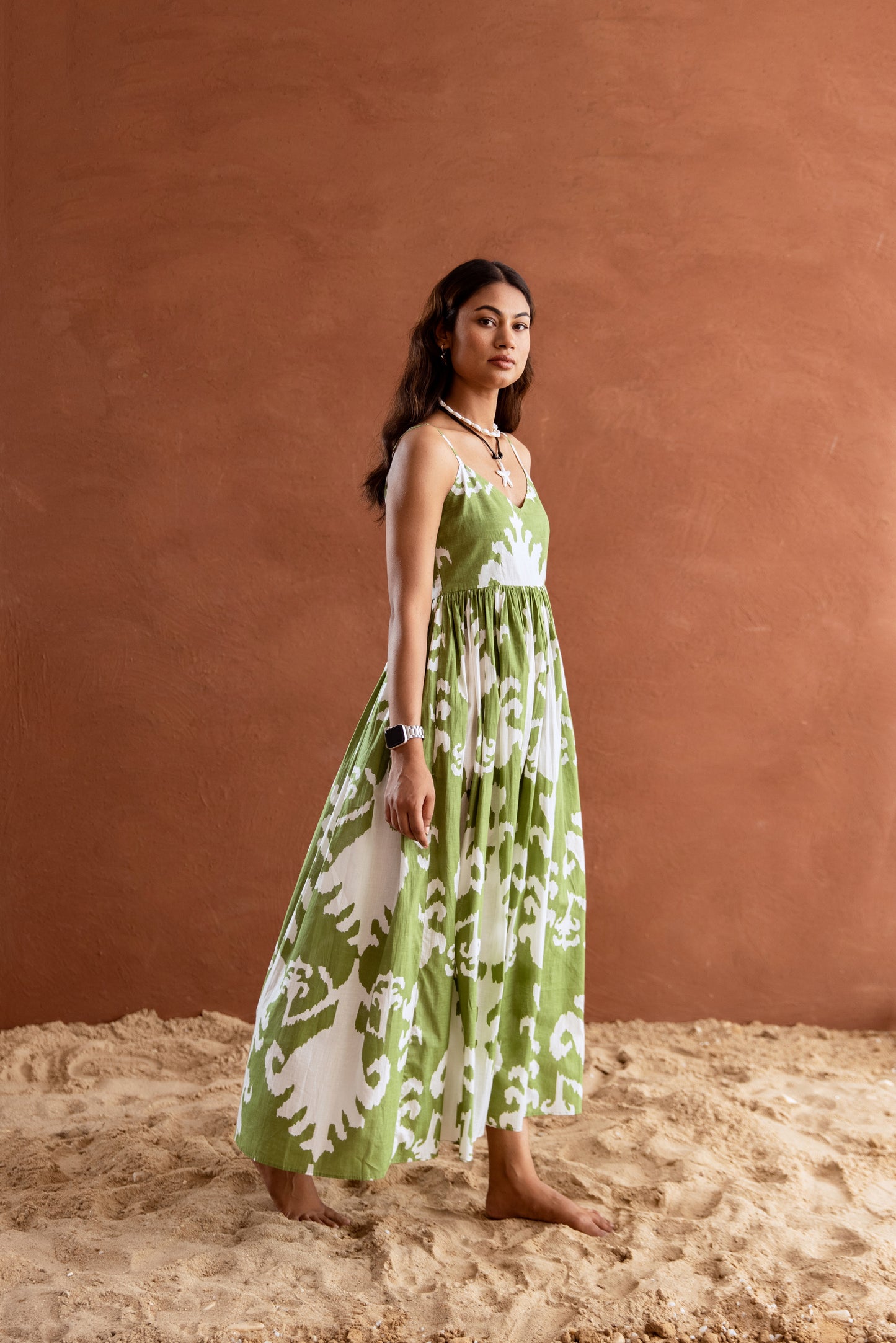 Green and White Patterned Strappy Maxi Dress