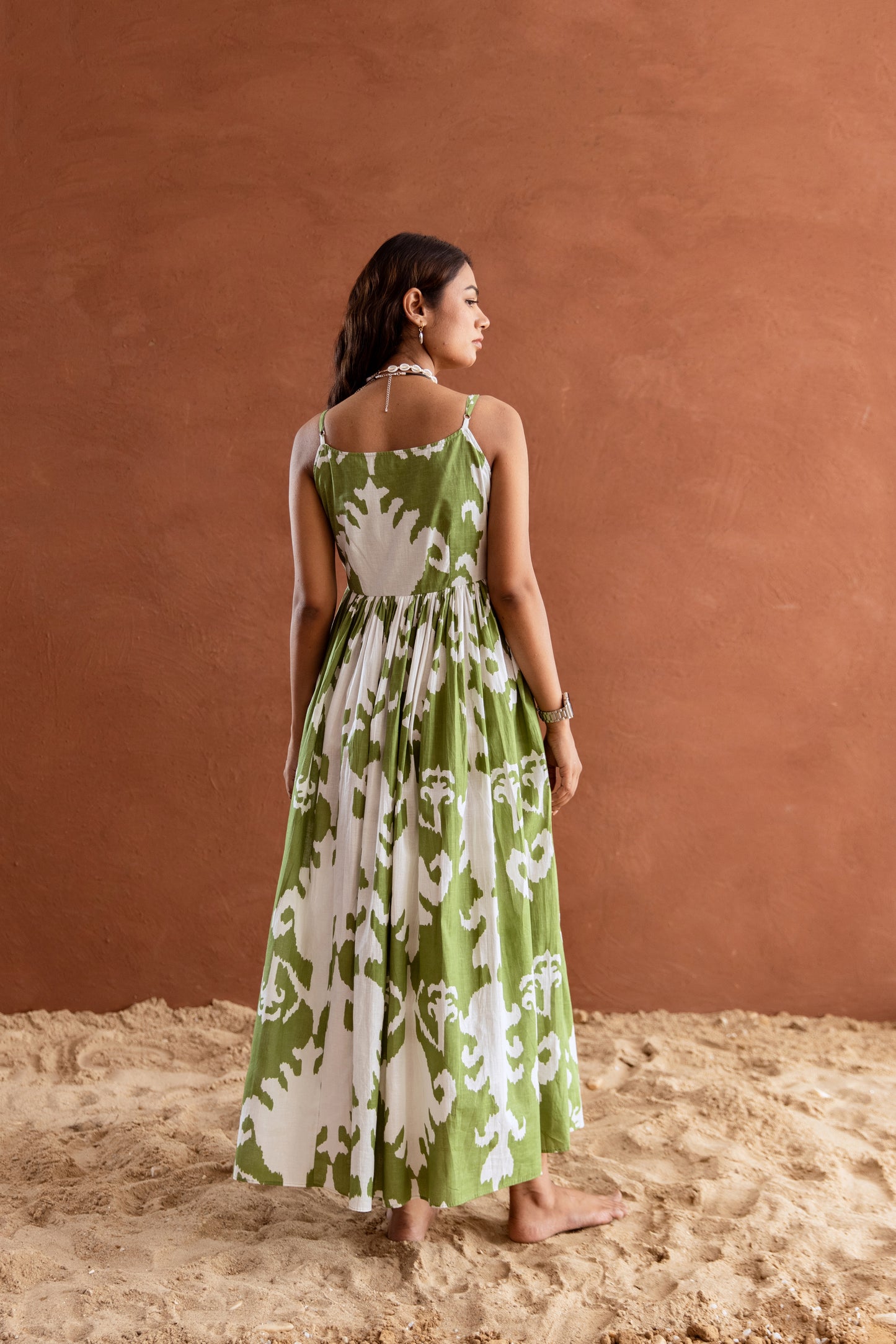 Green and White Patterned Strappy Maxi Dress