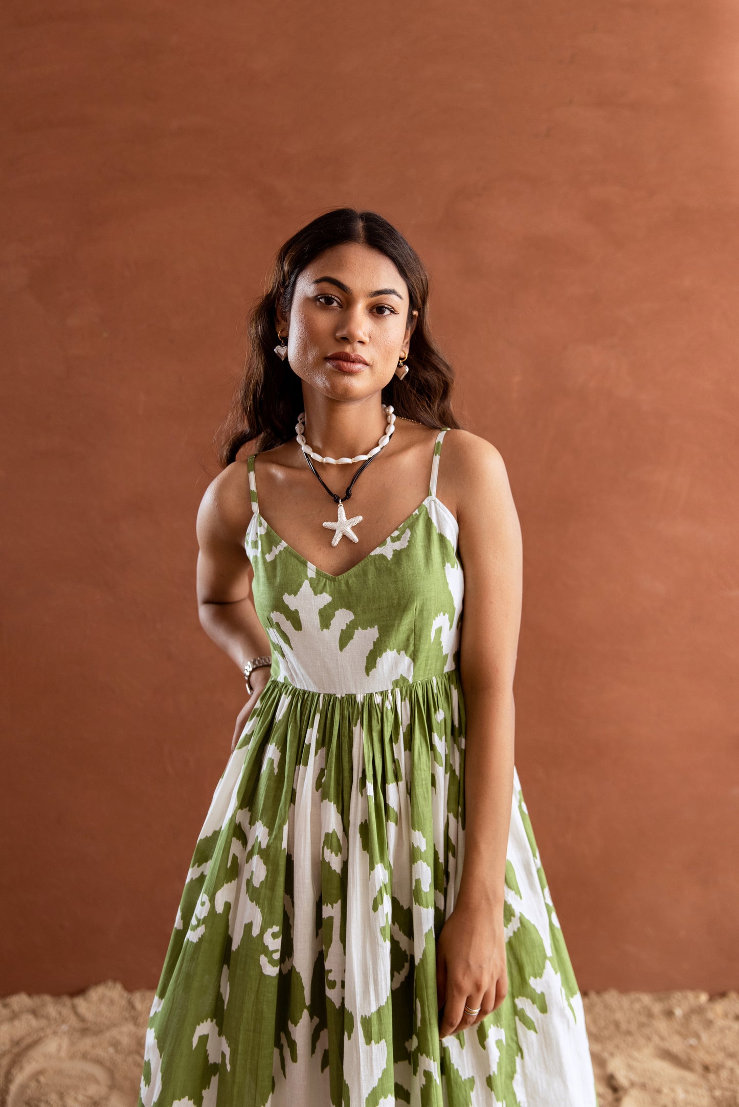 Green and White Patterned Strappy Maxi Dress