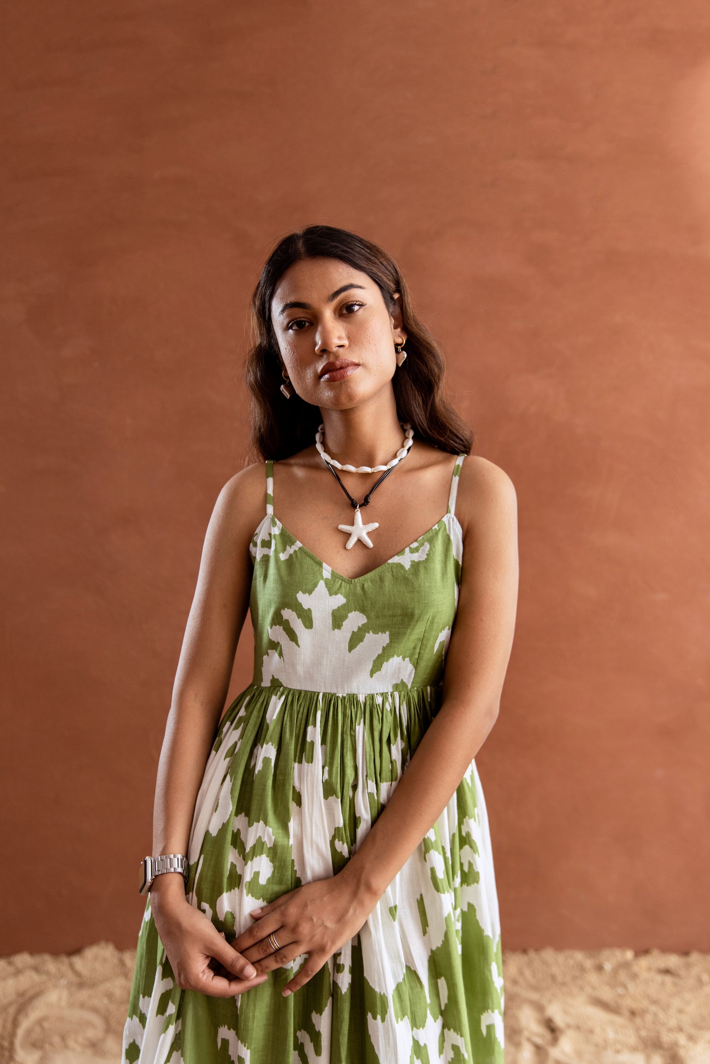 Green and White Patterned Strappy Maxi Dress
