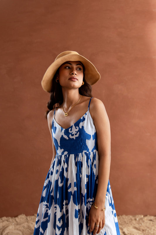Blue and White Patterned Strappy Maxi Dress