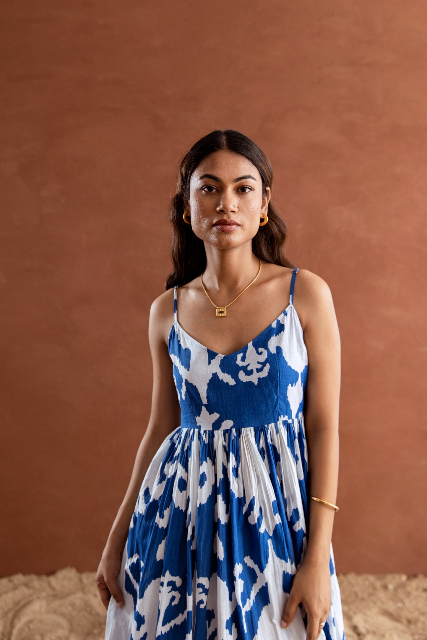 Blue and White Patterned Strappy Maxi Dress