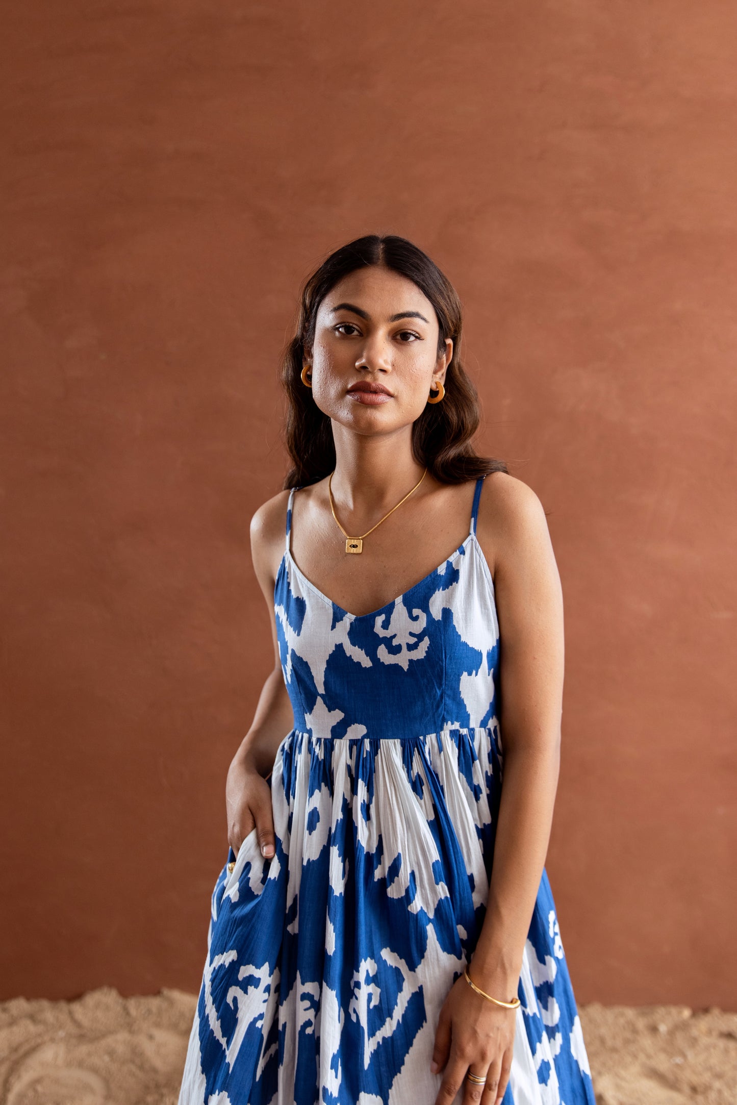 Blue and White Patterned Strappy Maxi Dress