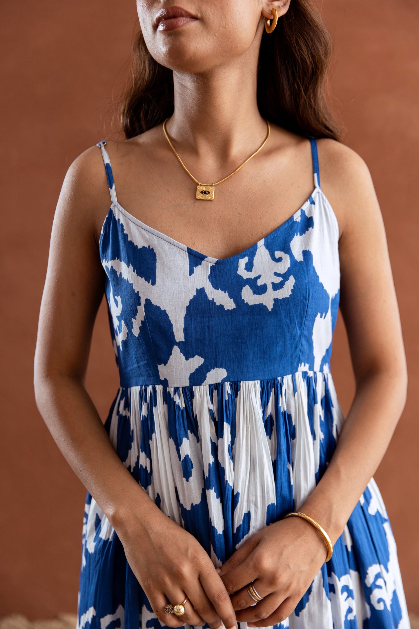 Blue and White Patterned Strappy Maxi Dress