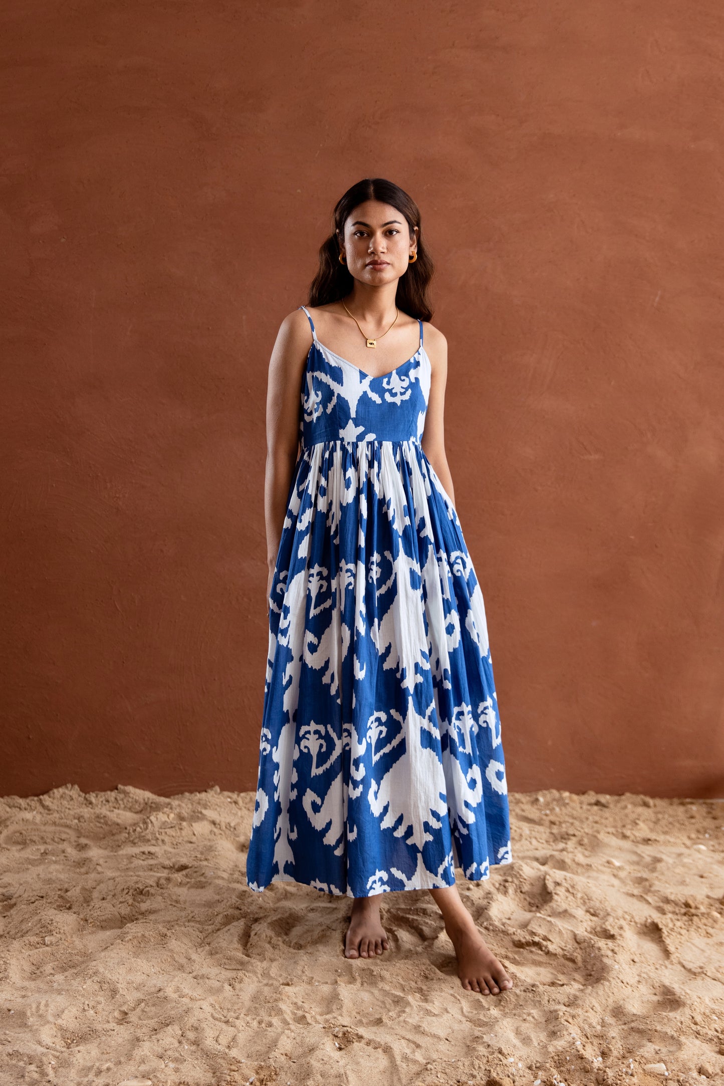 Blue and White Patterned Strappy Maxi Dress