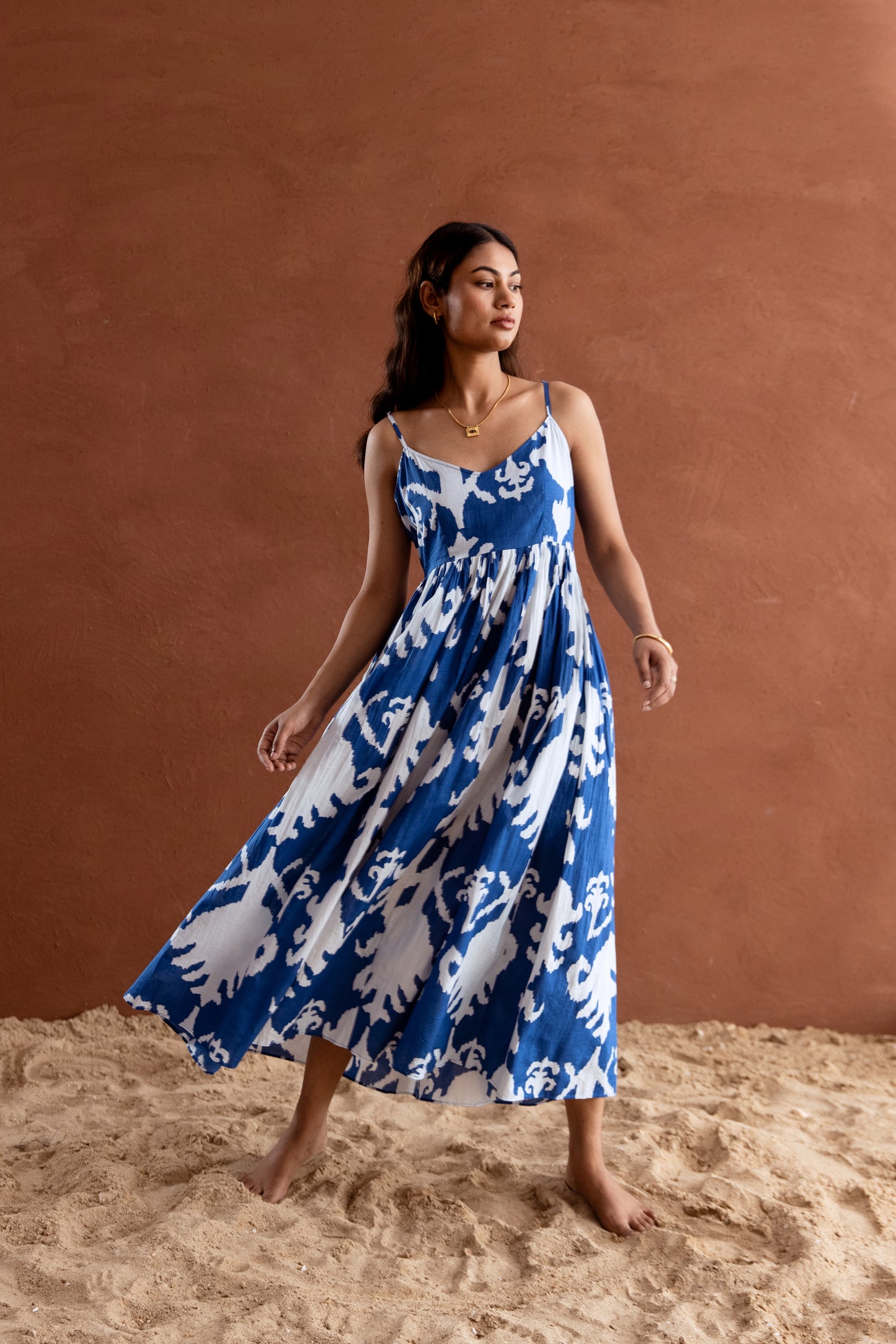 Blue and White Patterned Strappy Maxi Dress