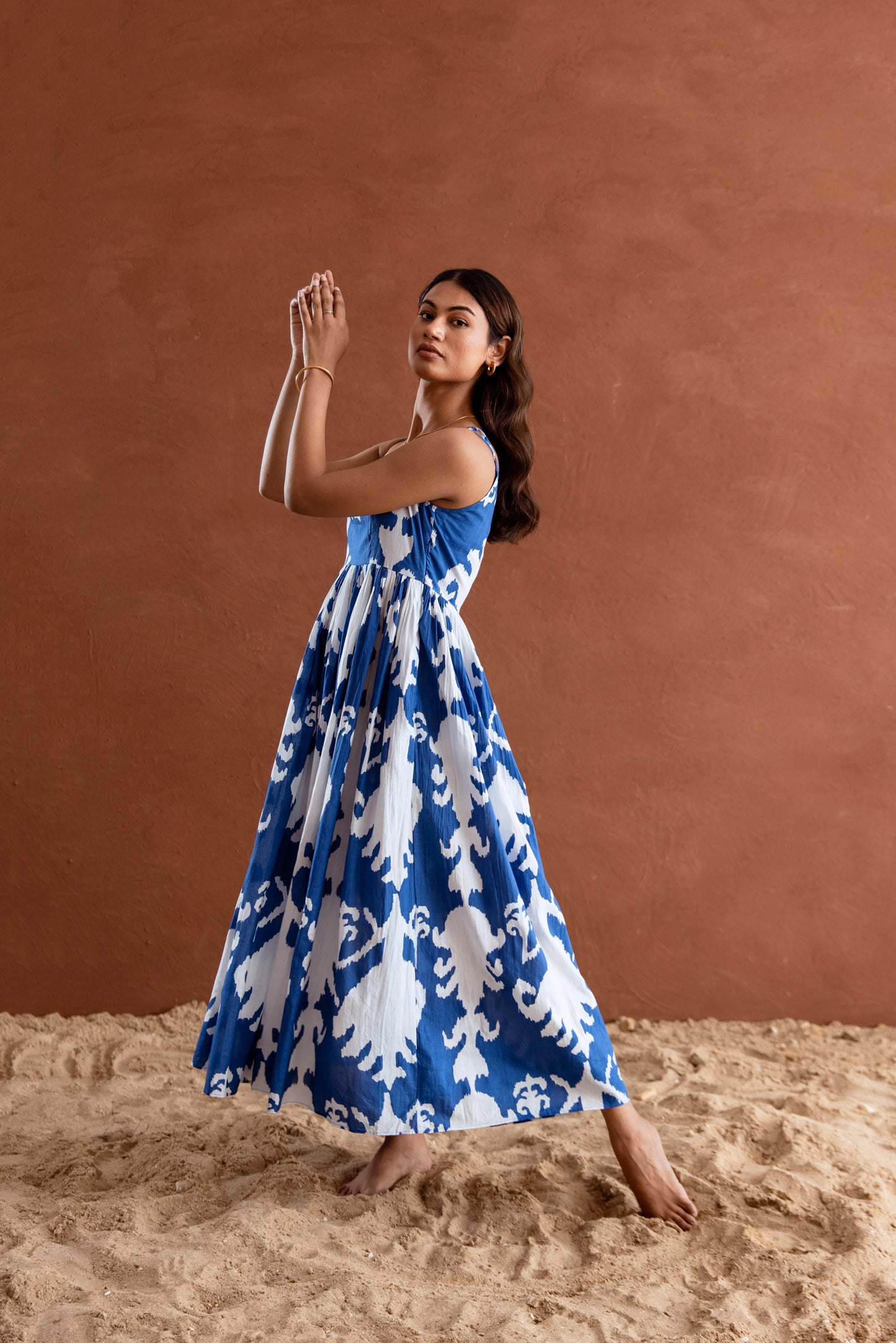Blue and White Patterned Strappy Maxi Dress