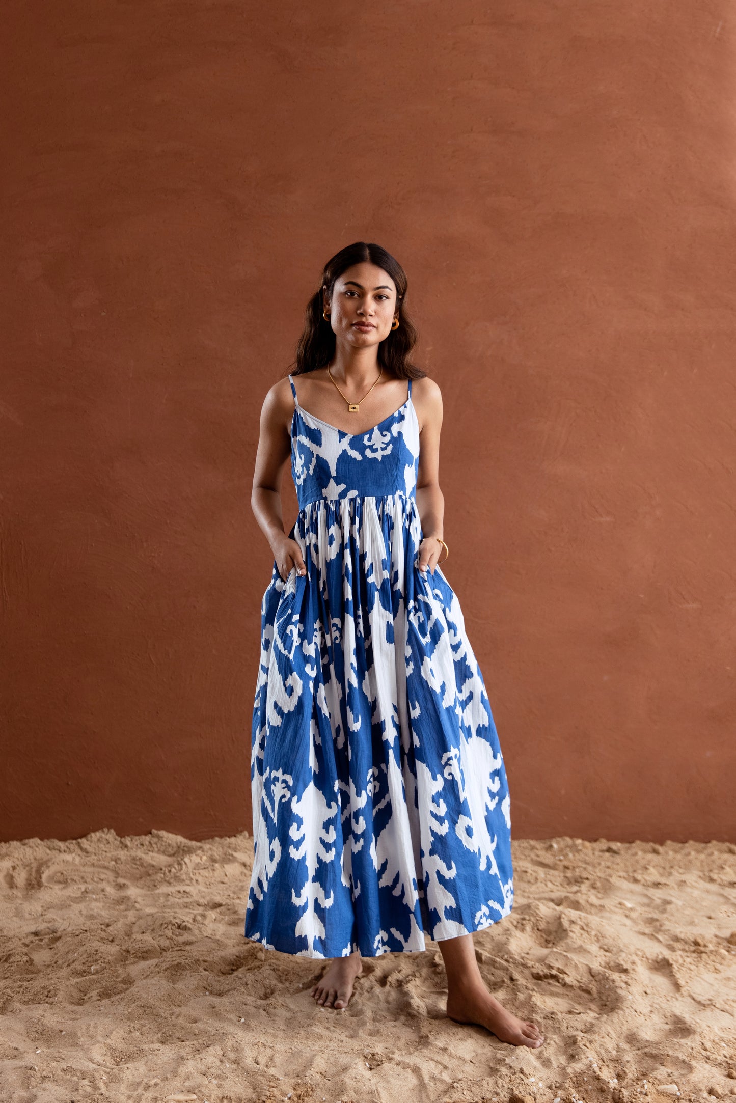 Blue and White Patterned Strappy Maxi Dress