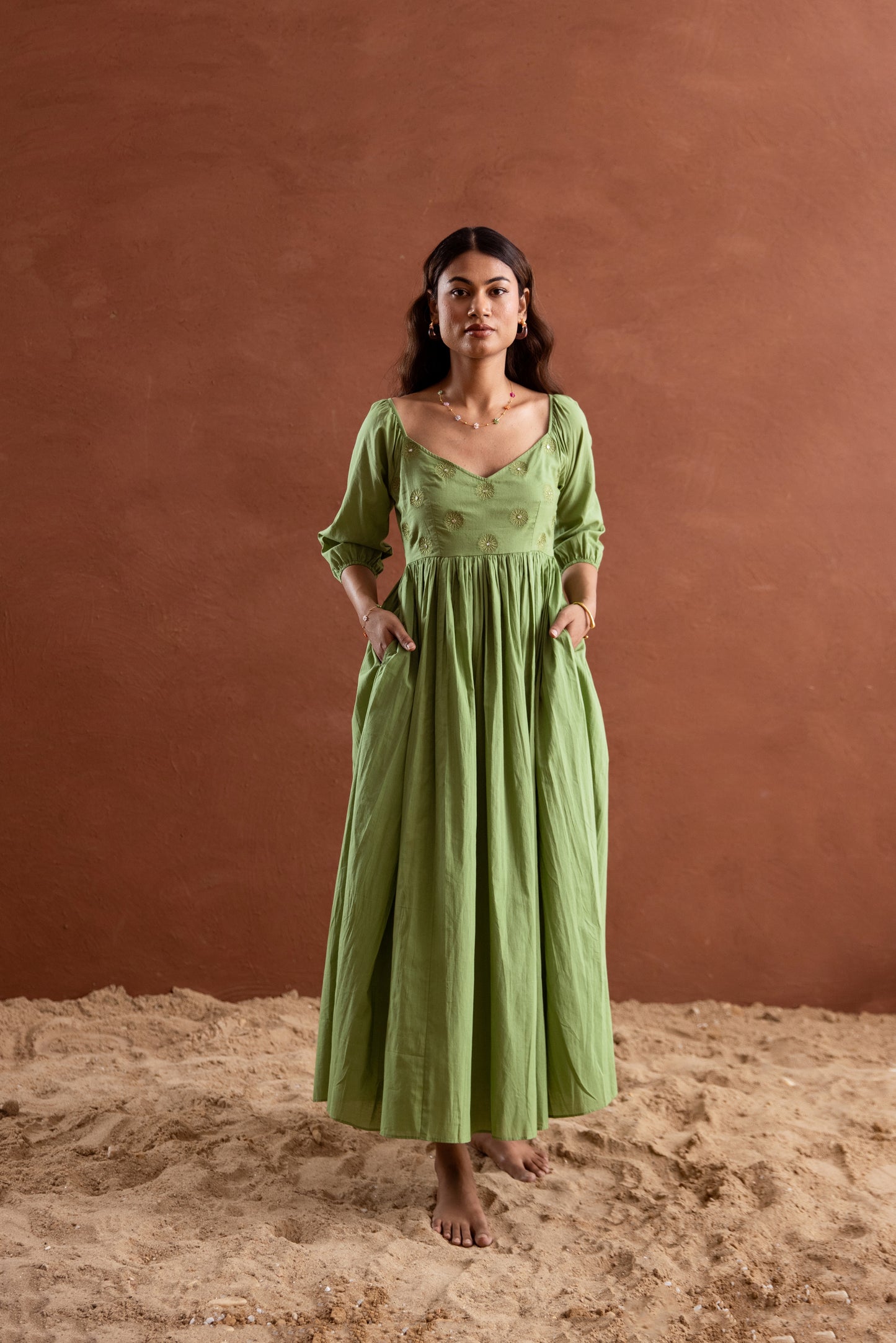 Solid Green Sleeved Maxi Dress