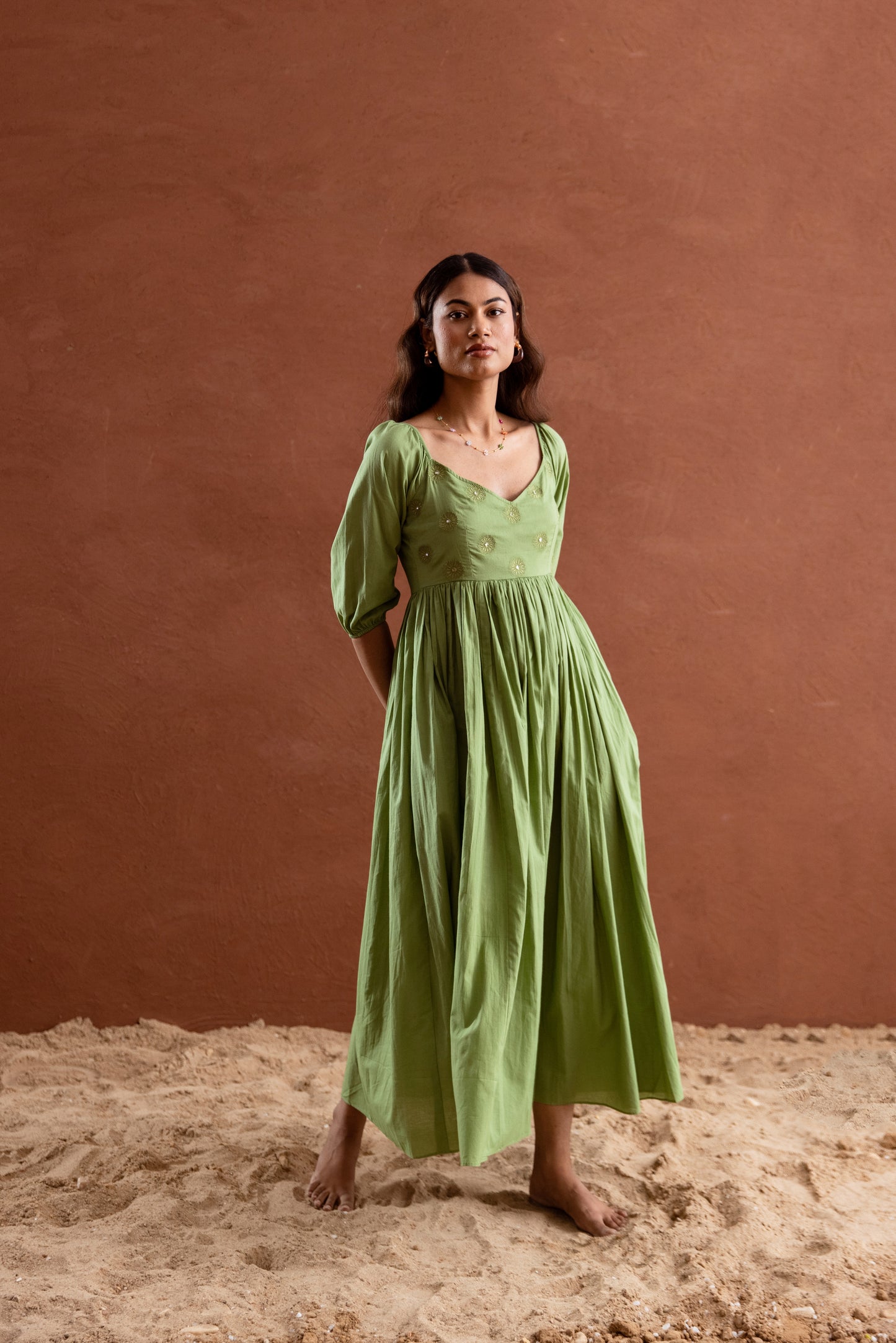 Solid Green Sleeved Maxi Dress
