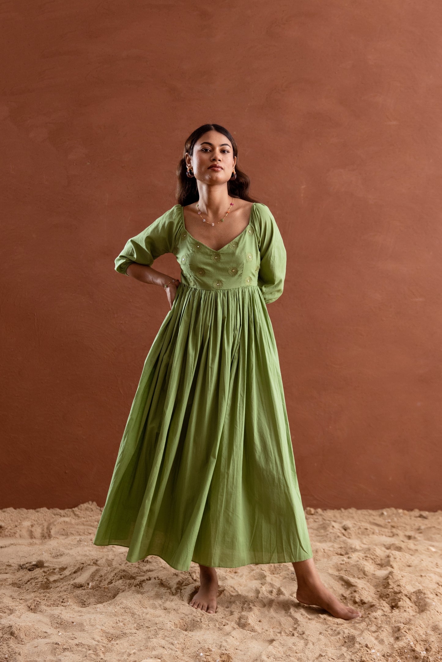 Solid Green Sleeved Maxi Dress