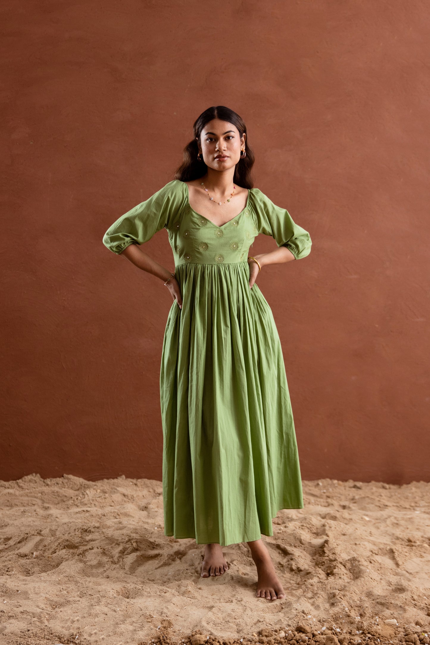 Solid Green Sleeved Maxi Dress