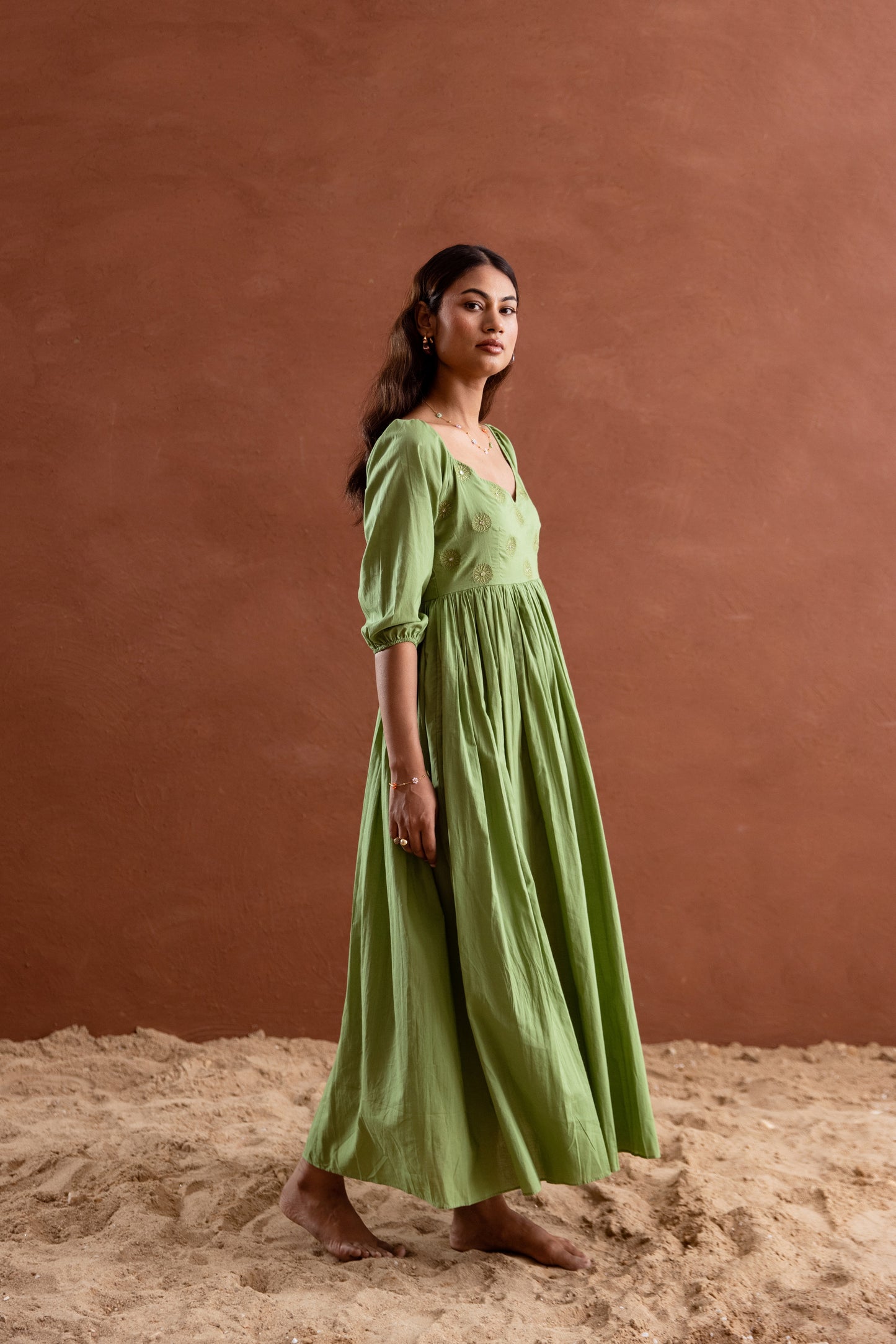 Solid Green Sleeved Maxi Dress