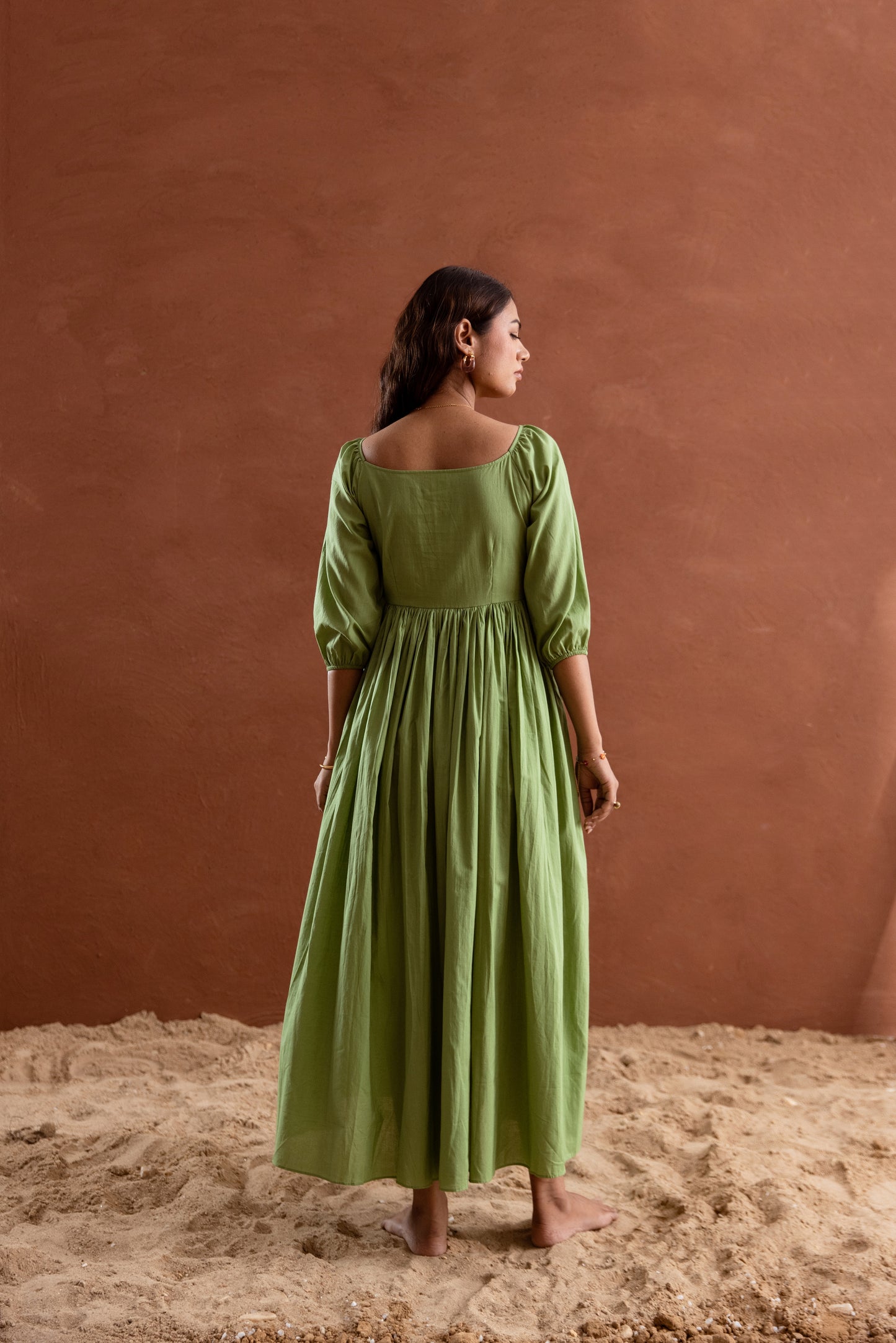 Solid Green Sleeved Maxi Dress