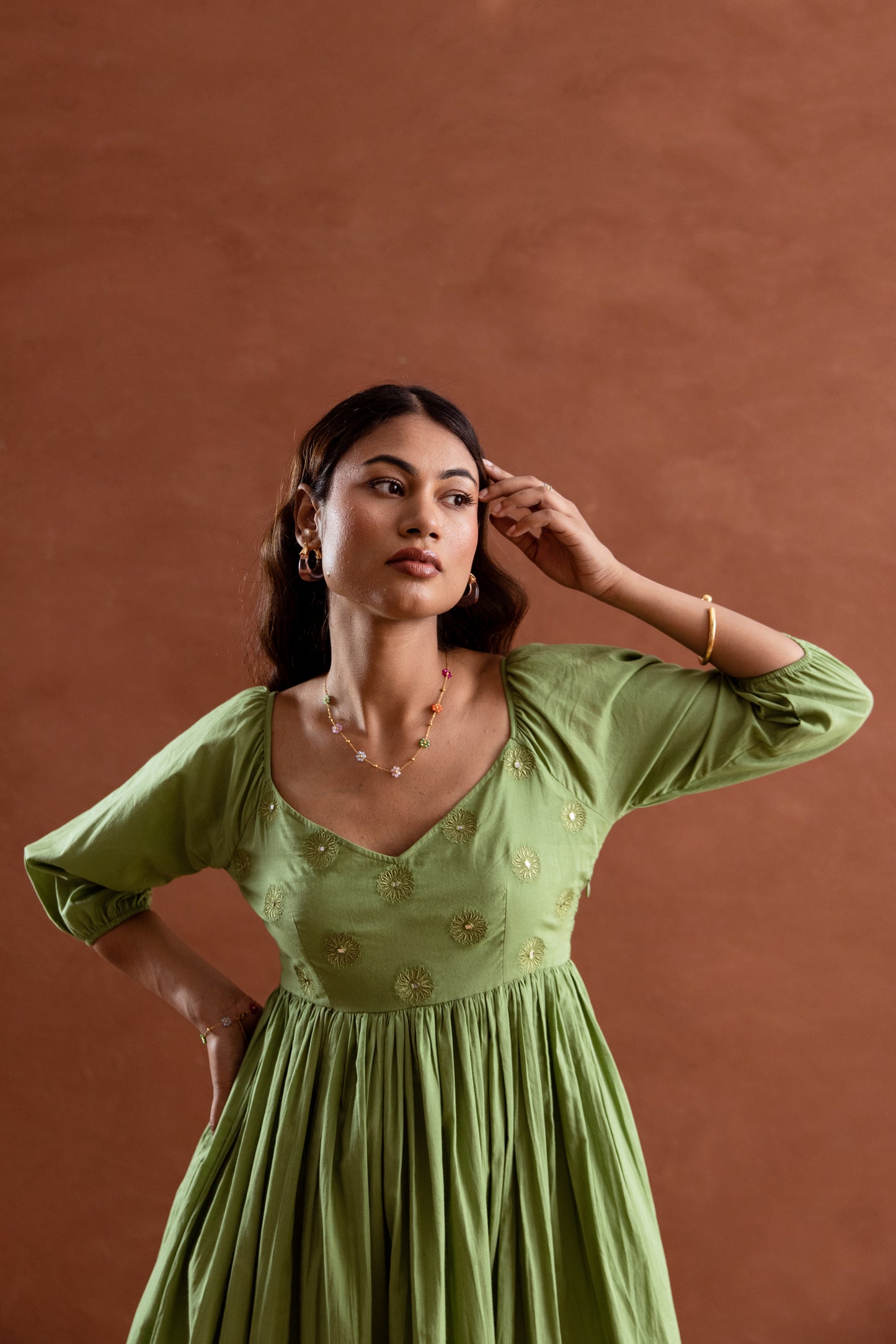 Solid Green Sleeved Maxi Dress