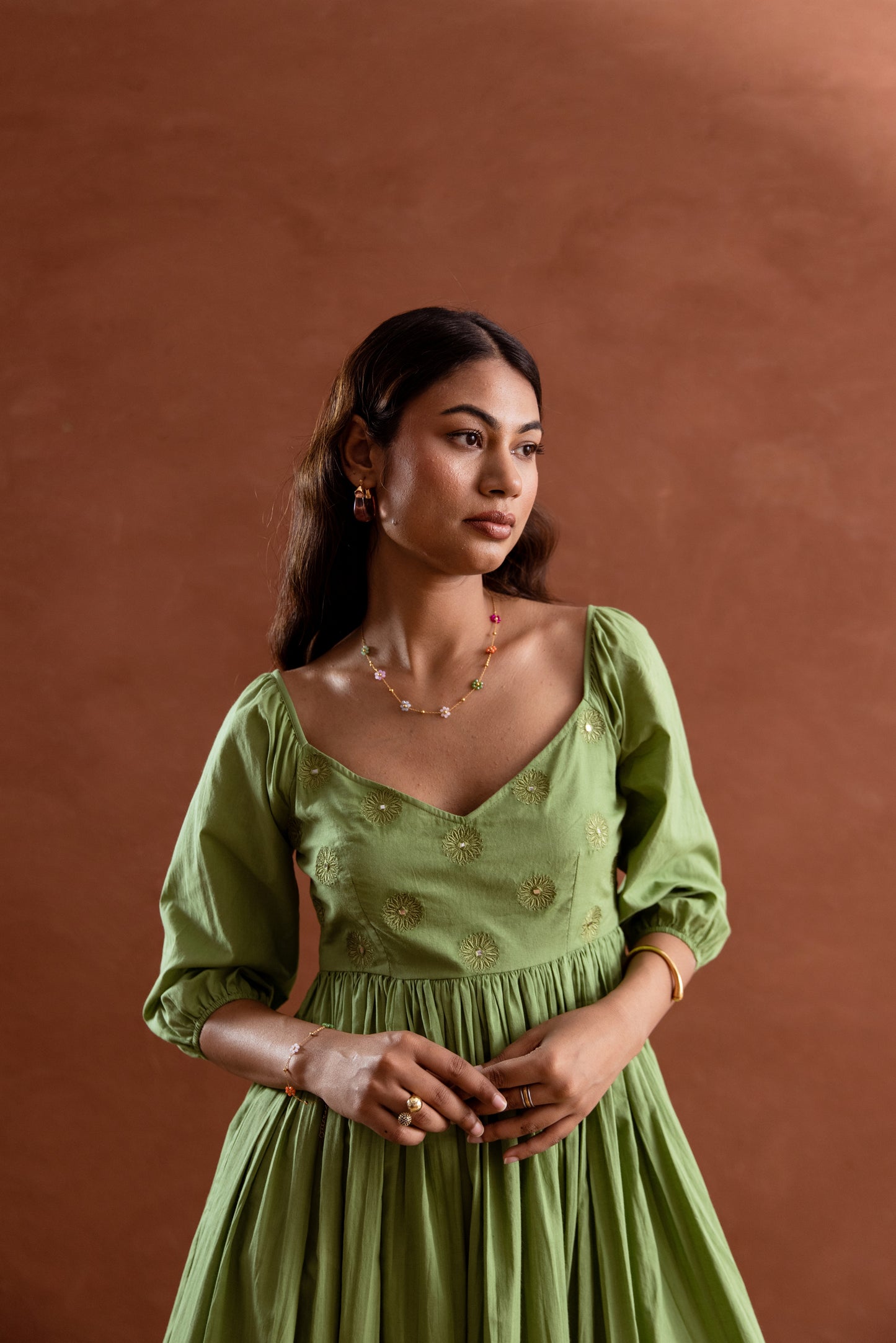 Solid Green Sleeved Maxi Dress