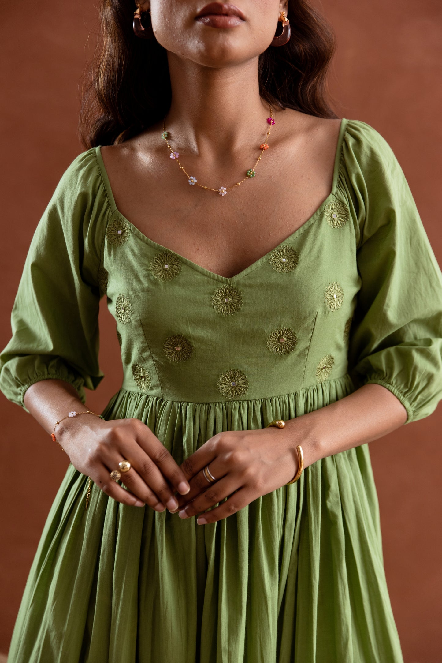 Solid Green Sleeved Maxi Dress