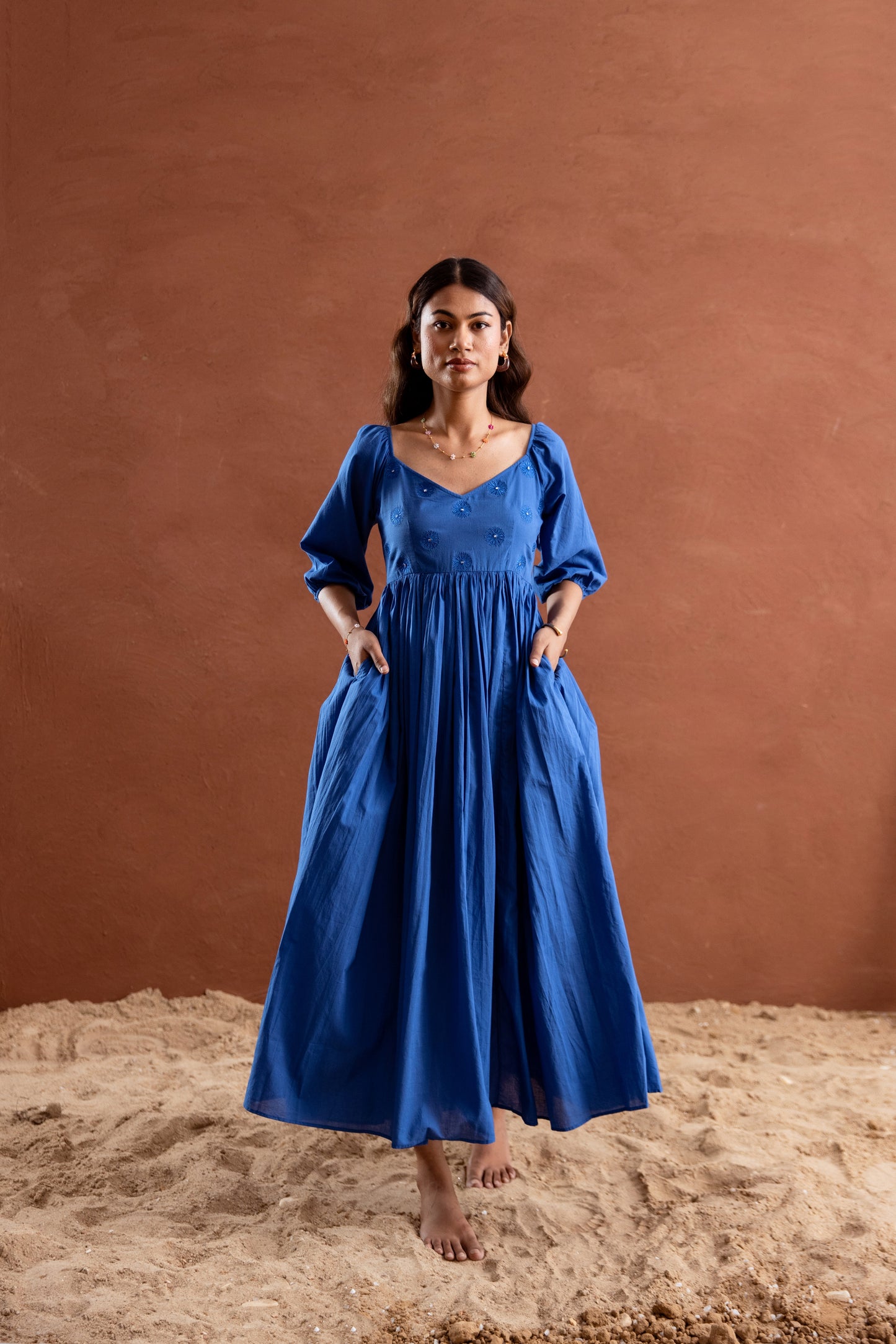Solid Blue Sleeved Maxi Dress