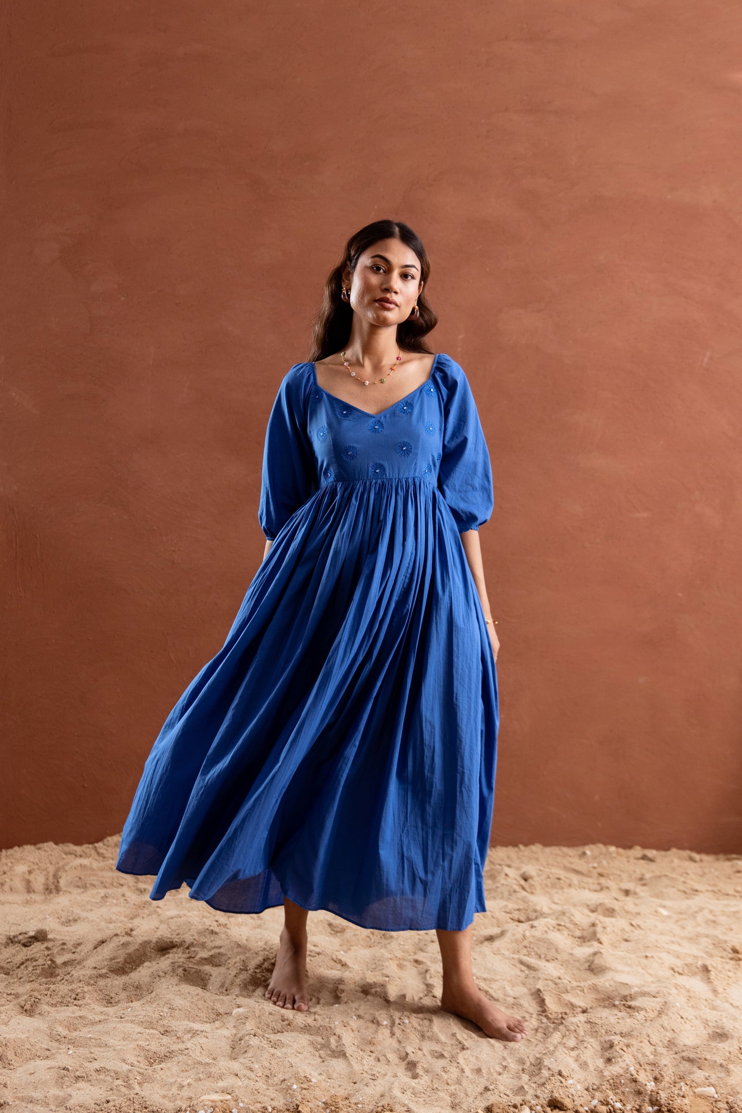Solid Blue Sleeved Maxi Dress