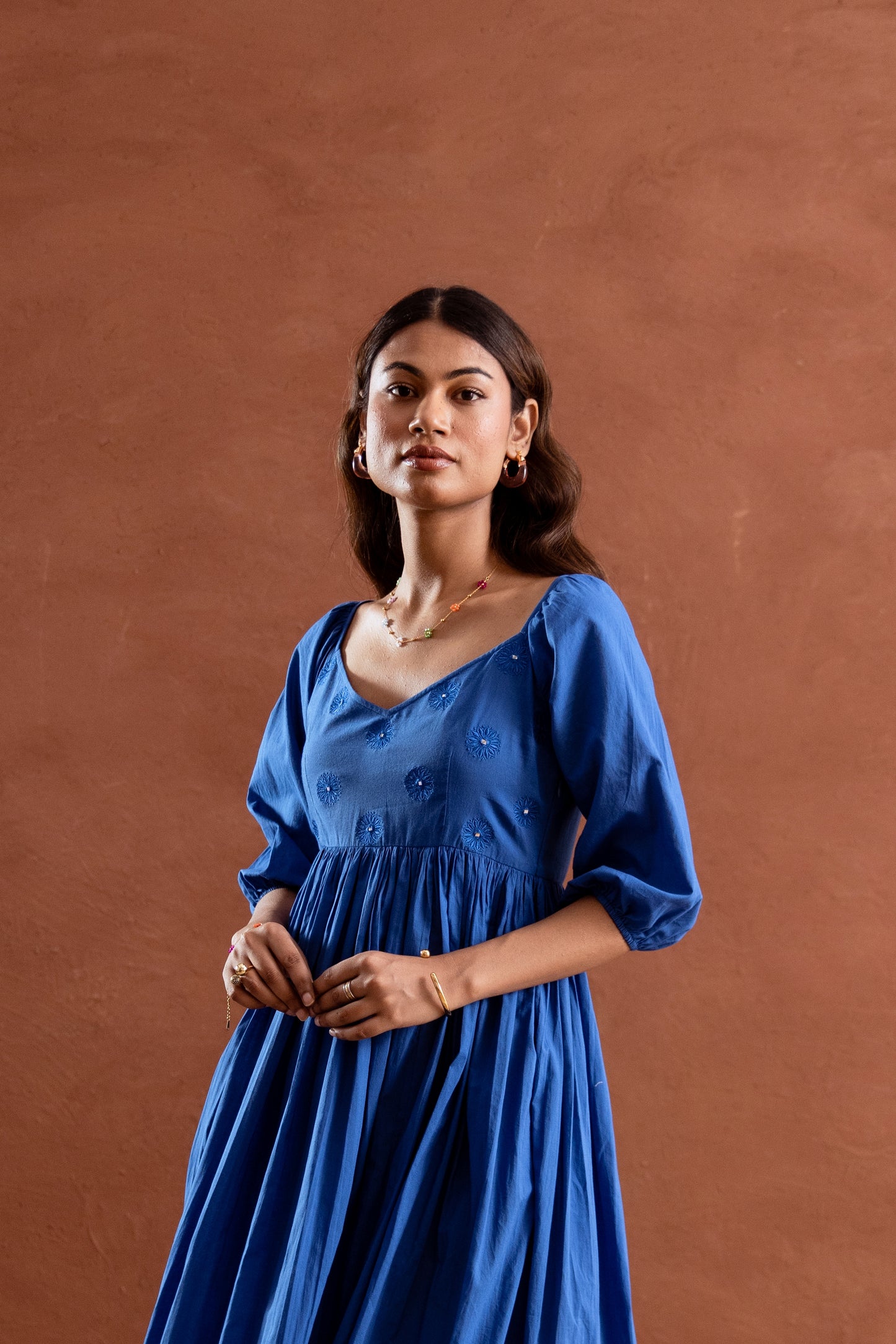Solid Blue Sleeved Maxi Dress