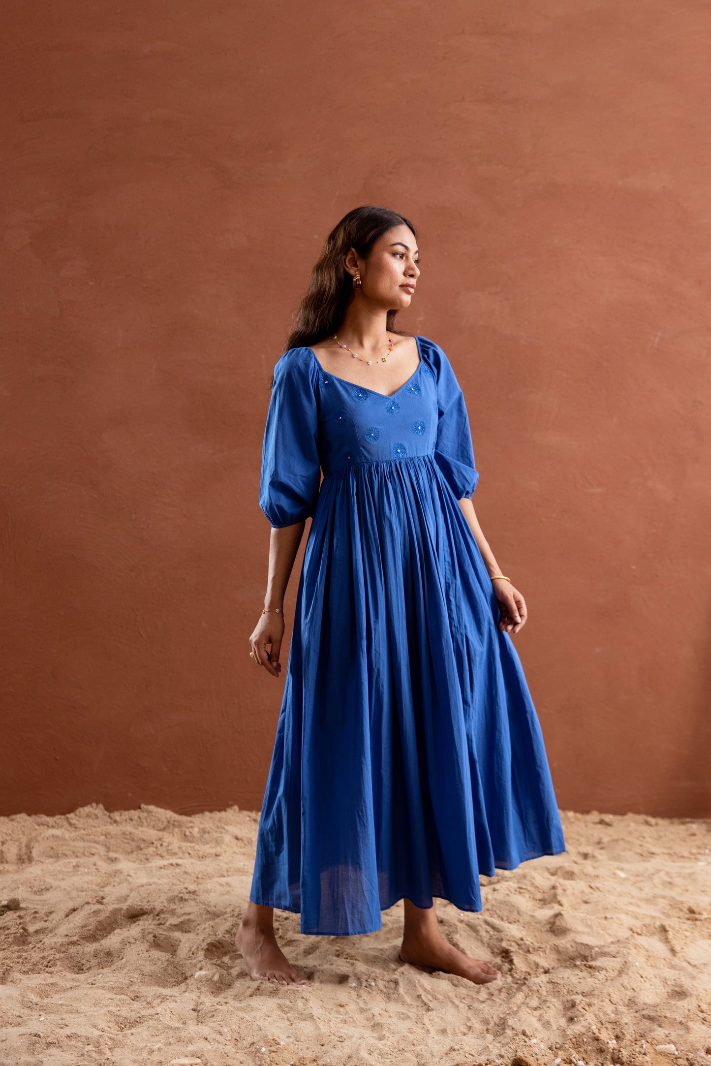 Solid Blue Sleeved Maxi Dress