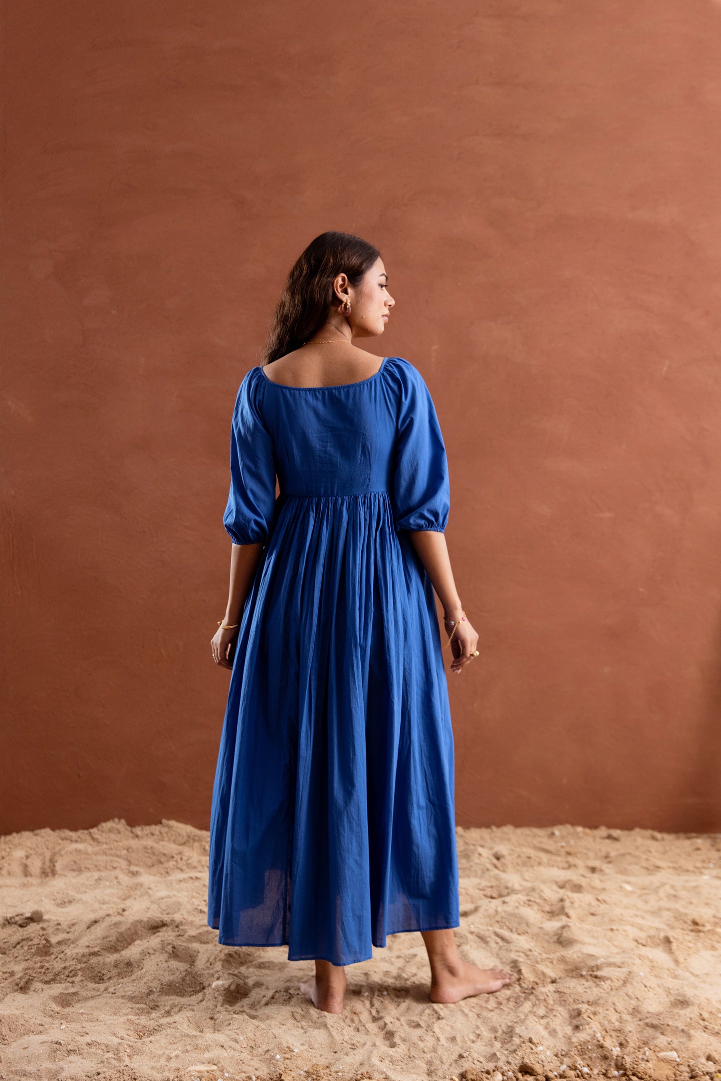 Solid Blue Sleeved Maxi Dress