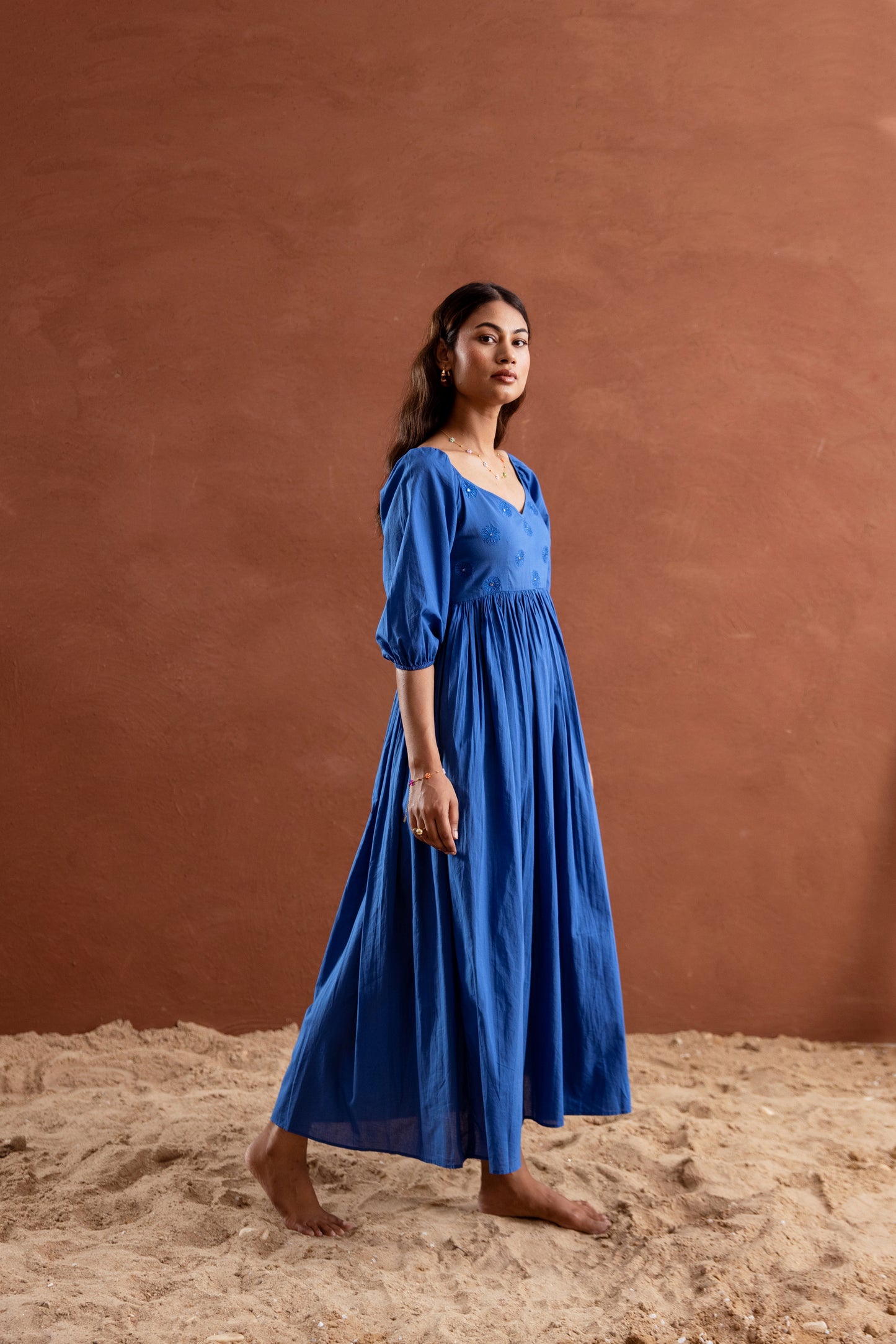 Solid Blue Sleeved Maxi Dress