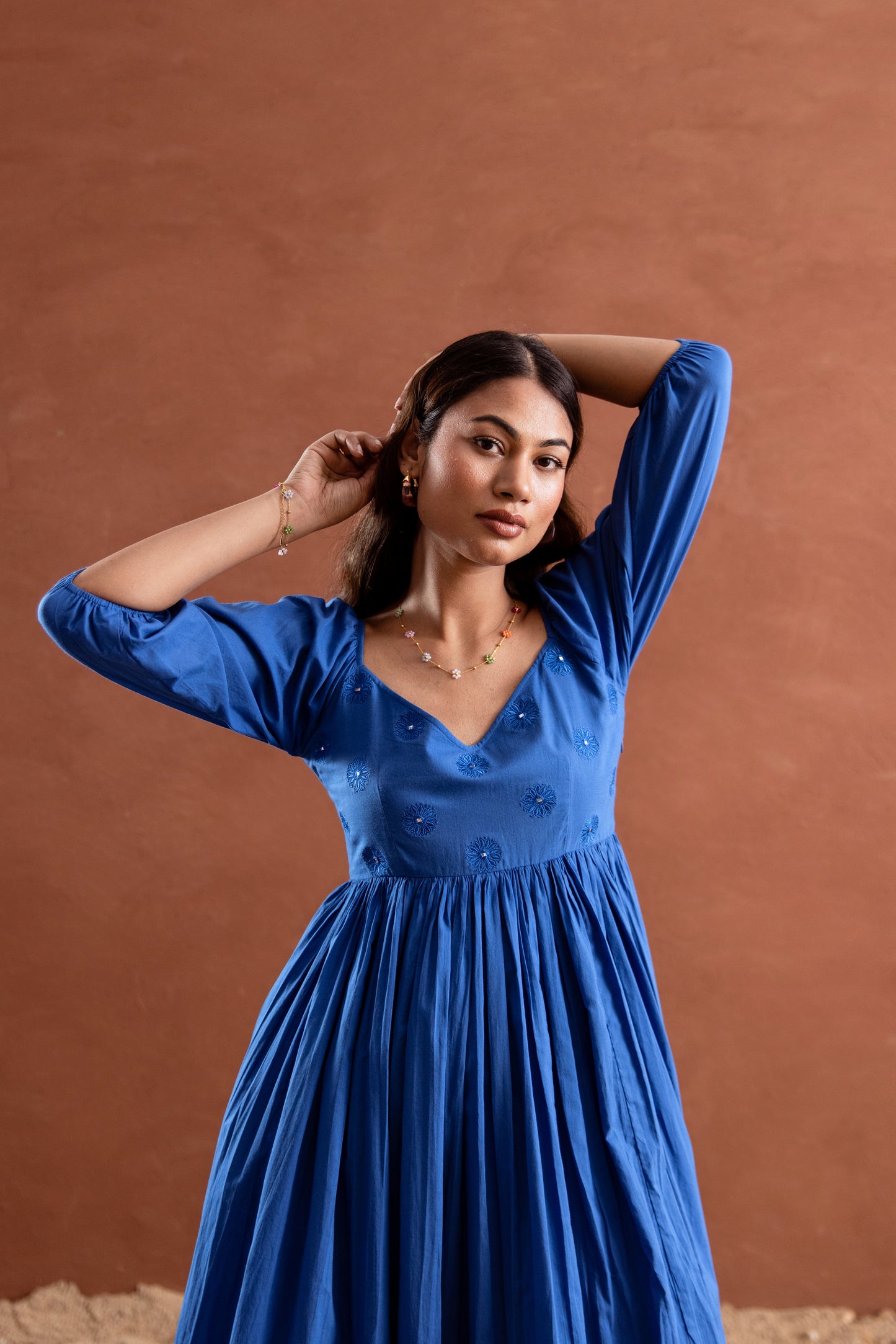 Solid Blue Sleeved Maxi Dress