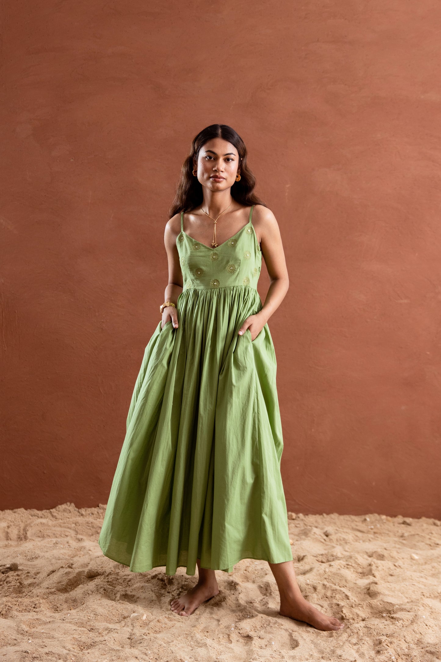 Solid Green Strappy Maxi Dress