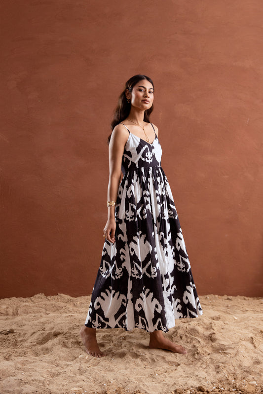 Black and White Patterned Strappy Maxi Dress