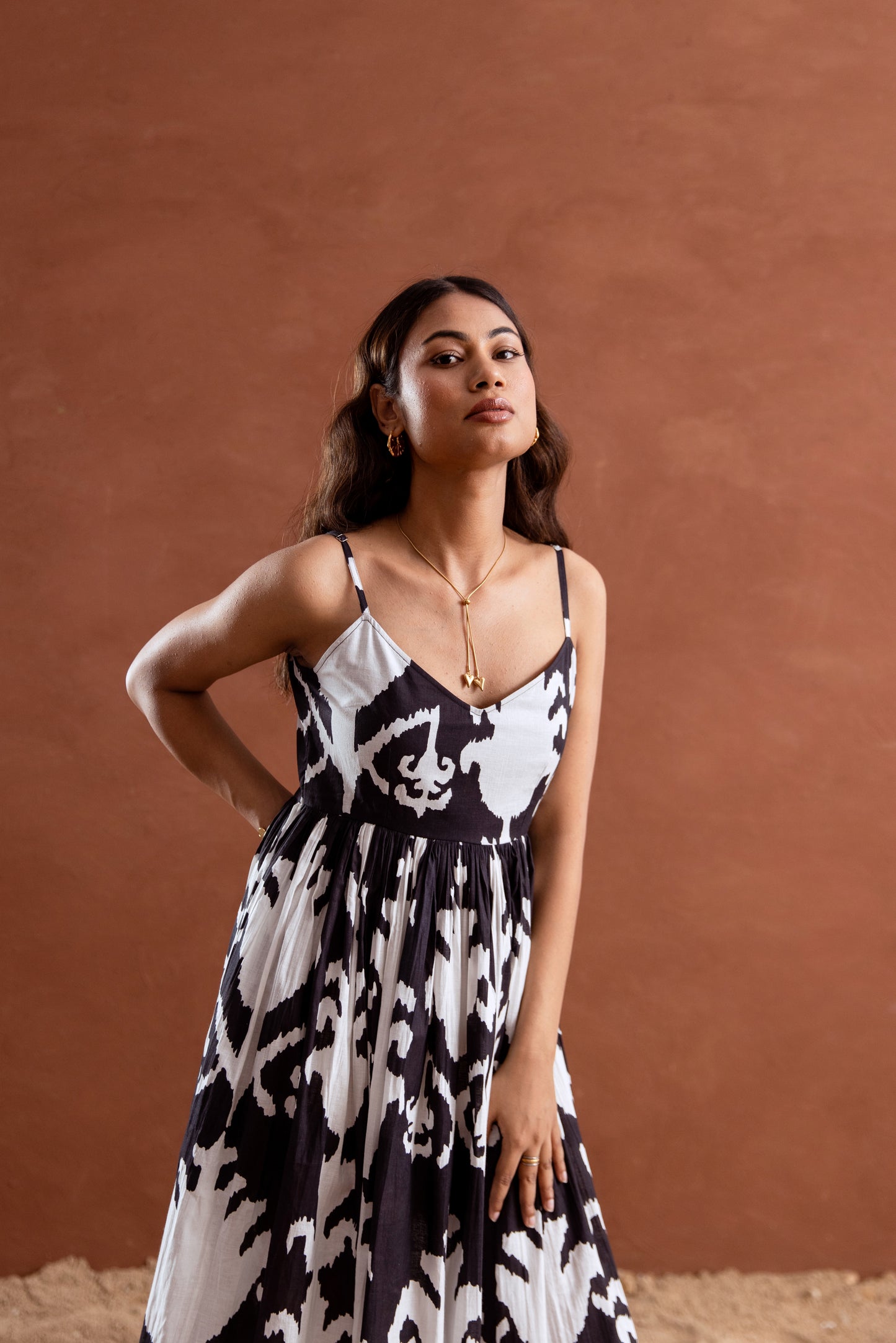 Black and White Patterned Strappy Maxi Dress