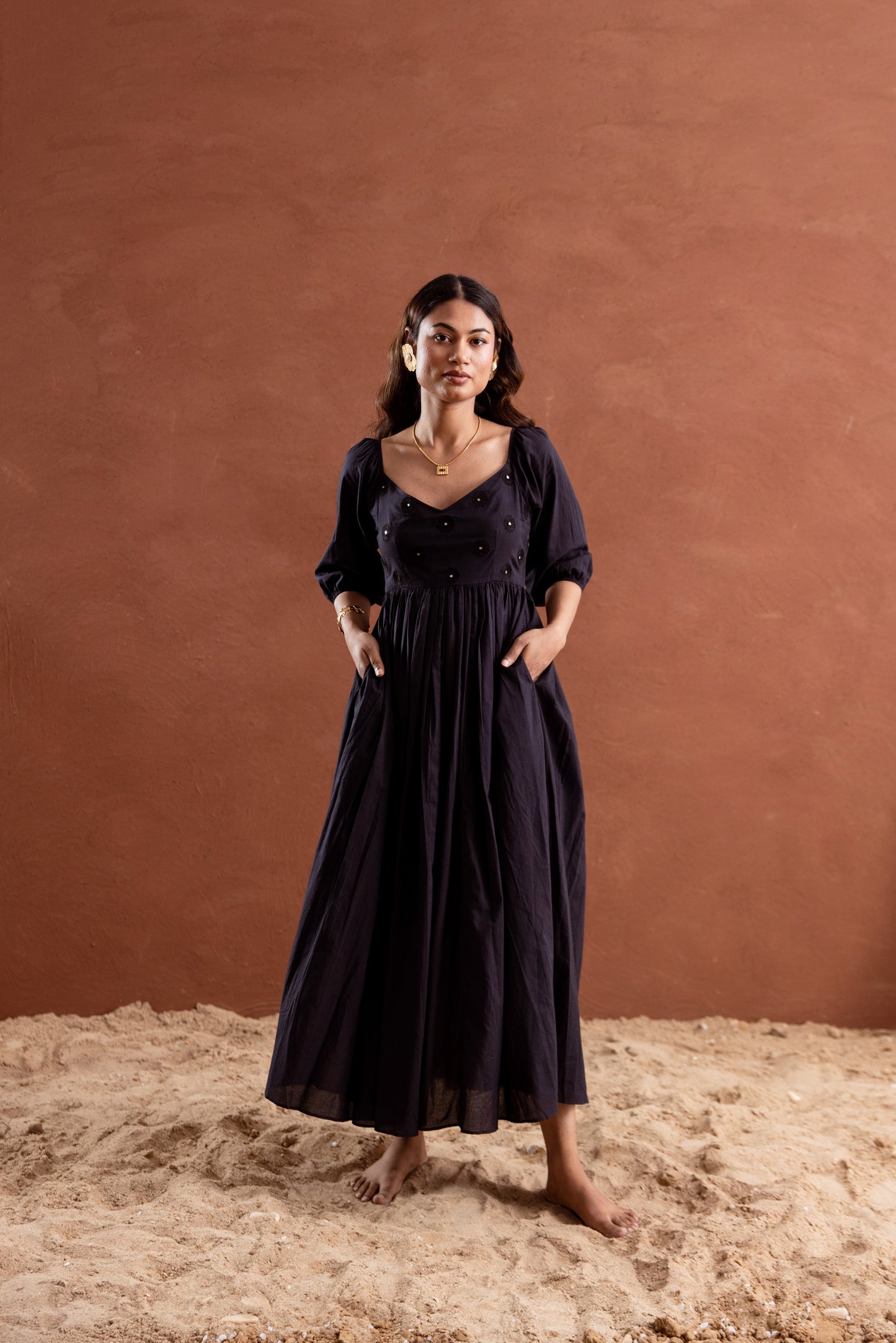 Solid Black Sleeved Maxi Dress