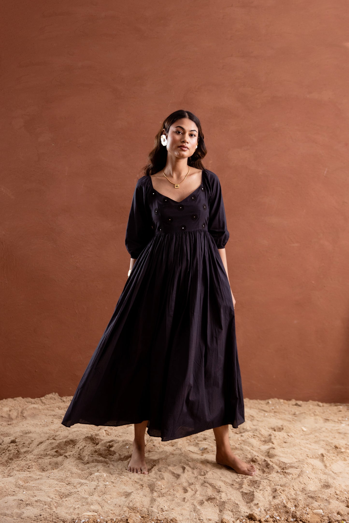 Solid Black Sleeved Maxi Dress