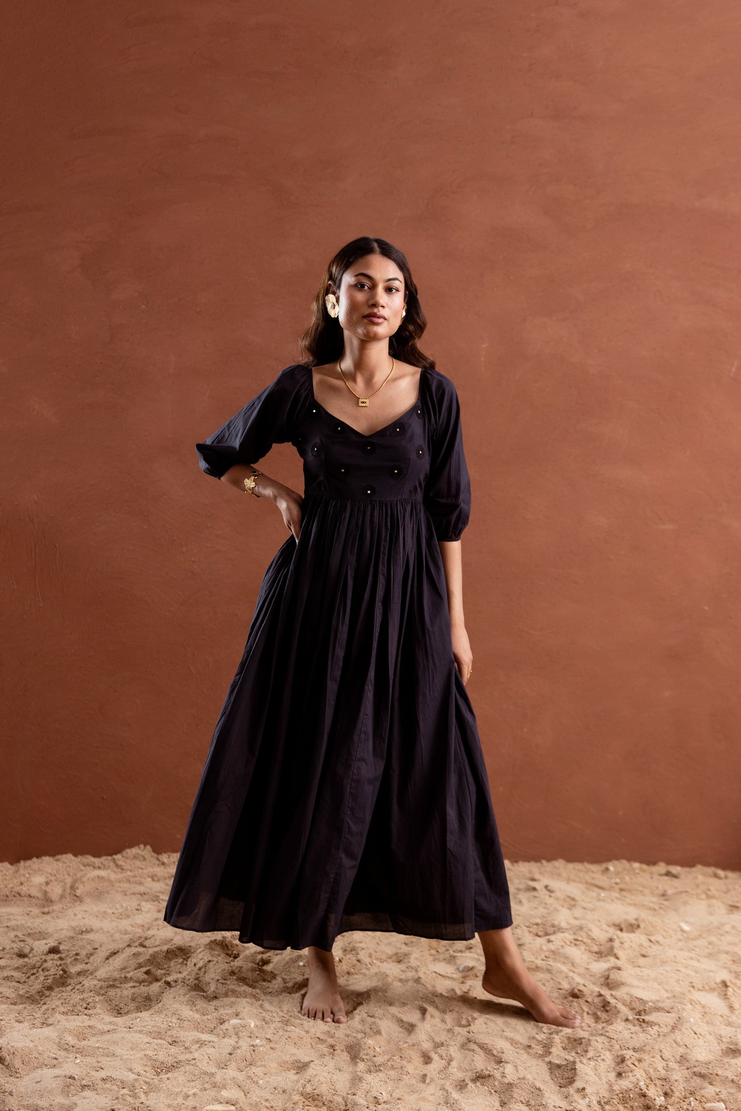 Solid Black Sleeved Maxi Dress