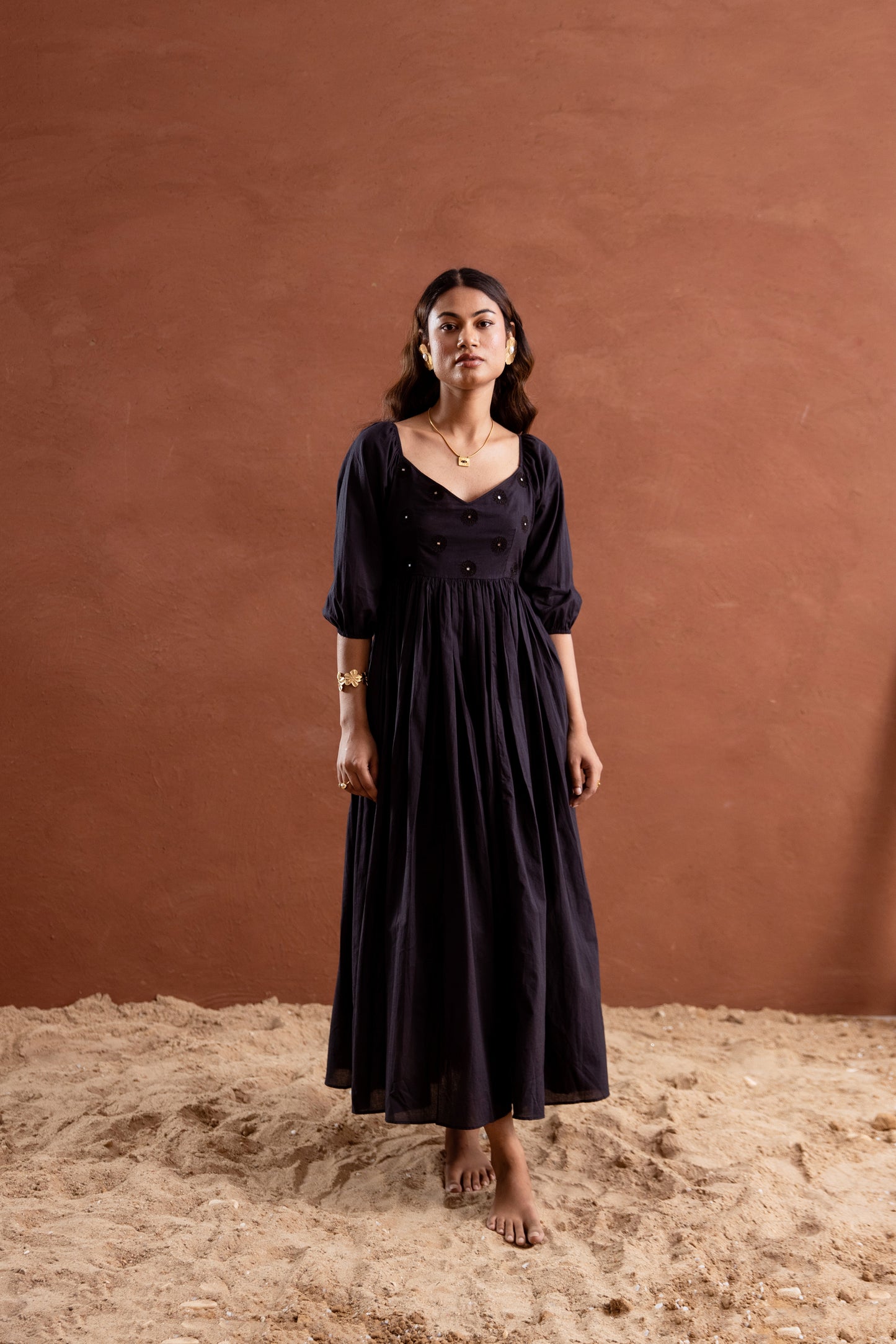 Solid Black Sleeved Maxi Dress