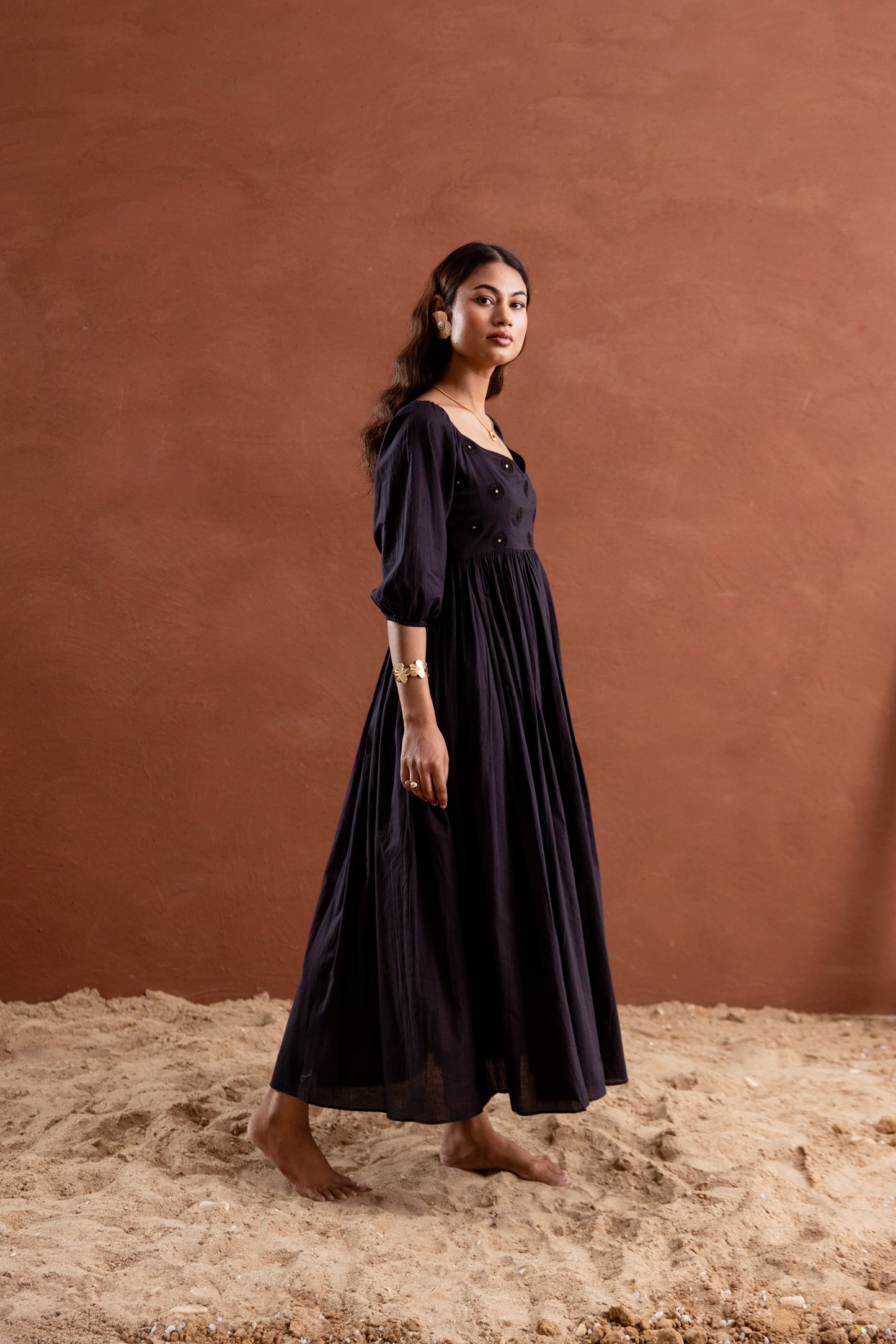 Solid Black Sleeved Maxi Dress