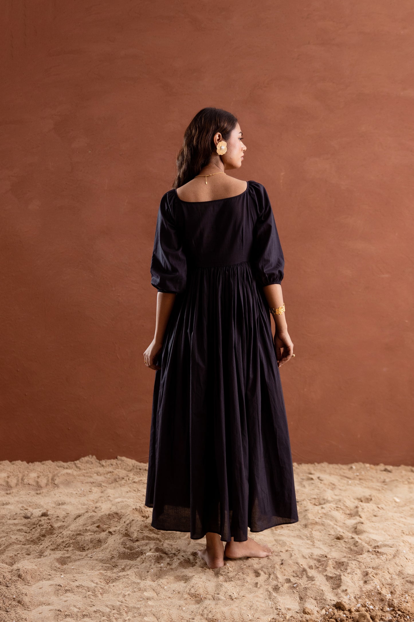Solid Black Sleeved Maxi Dress