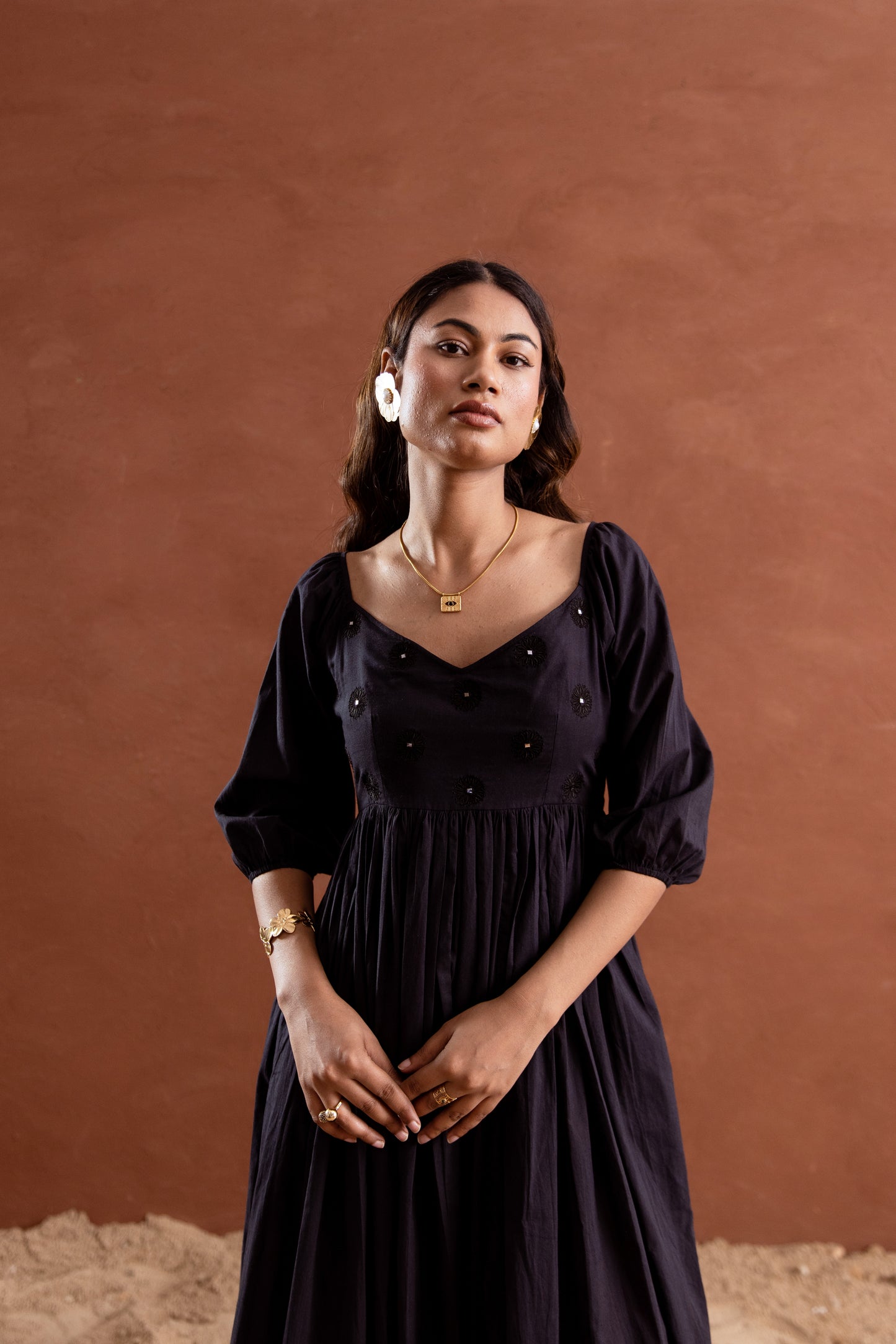Solid Black Sleeved Maxi Dress