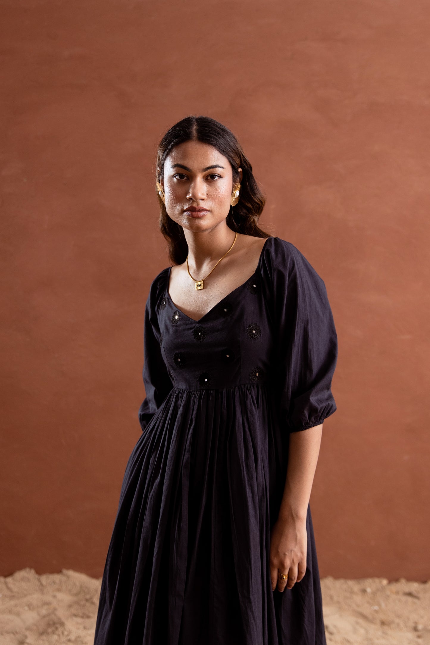 Solid Black Sleeved Maxi Dress