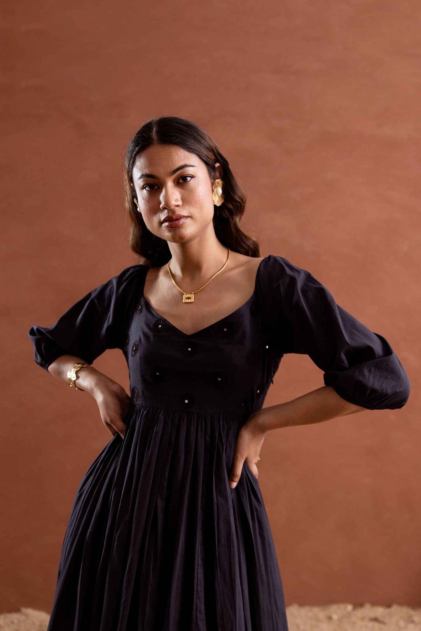 Solid Black Sleeved Maxi Dress