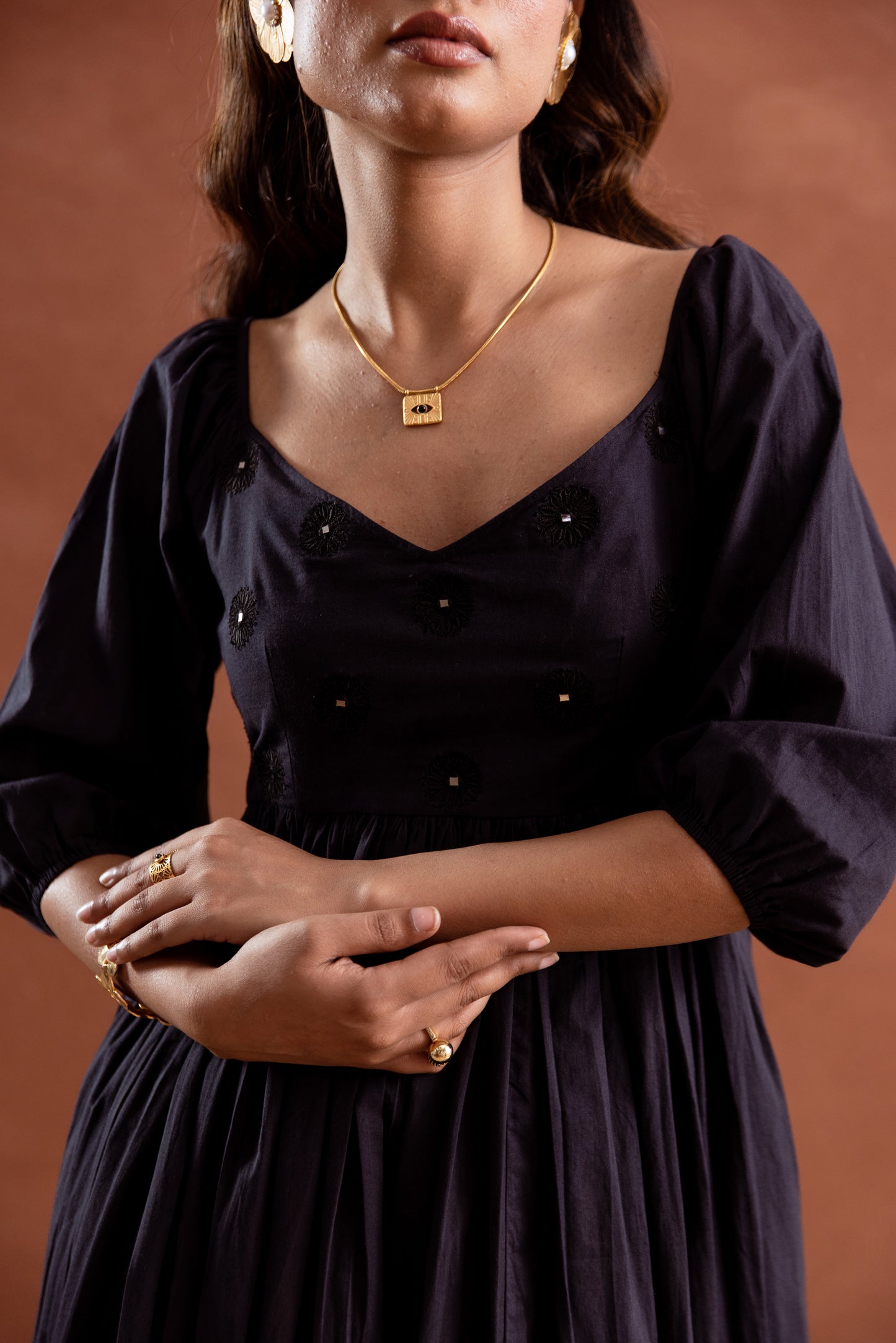 Solid Black Sleeved Maxi Dress